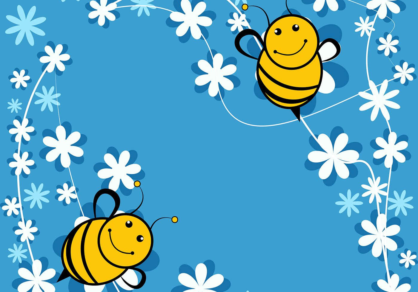Bee 桌布 壁紙 — 兩隻快樂的卡通蜜蜂在白色和淺藍色花朵間飛翔，背景為明亮的藍色。