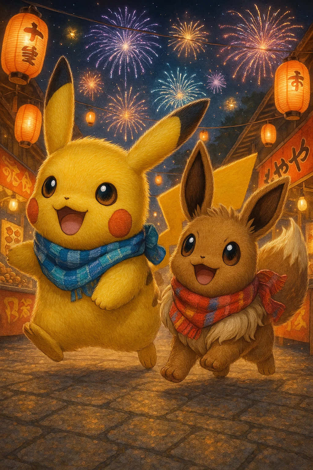 Pikachu HD Wallpaper WEBP 4K Background Download 壁紙 — 兩隻快樂的寶可夢皮卡丘和伊布在耀眼的煙火和發光的燈籠下，歡快地跑下一條節日氣氛濃厚的日本街道。