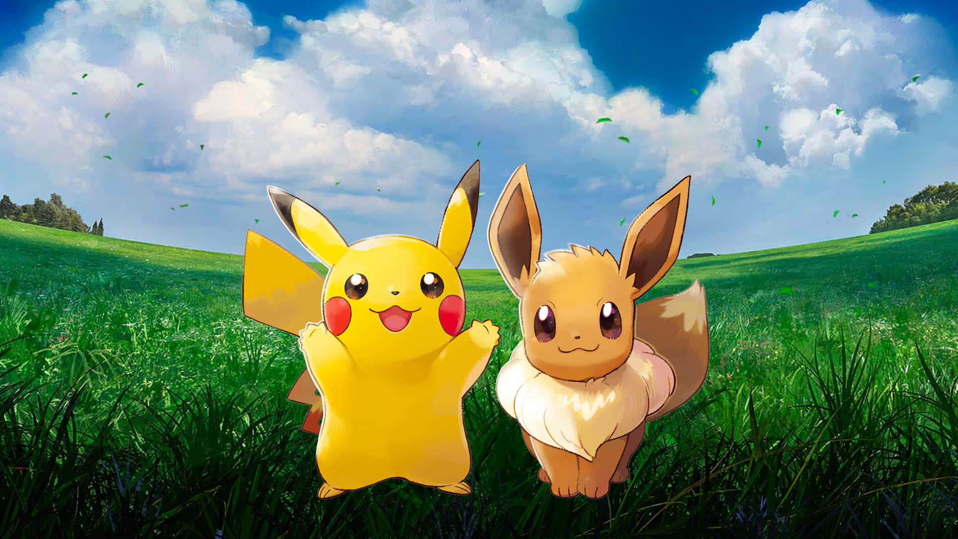 Cute Pikachu And Eevee 桌布 壁紙 — 兩隻快樂的寶可夢皮卡丘和伊布站在充滿活力的綠色田野中，頭頂是藍天白雲。