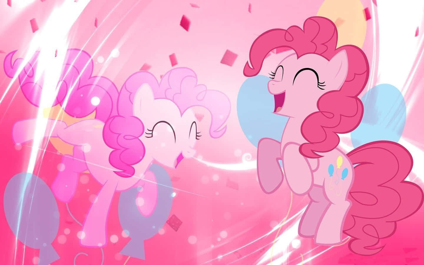 pinkie pie 桌布 壁紙 — 兩隻快樂的粉紅色小馬在閃閃發光的粉紅色派對場景中用五彩紙屑和氣球慶祝。