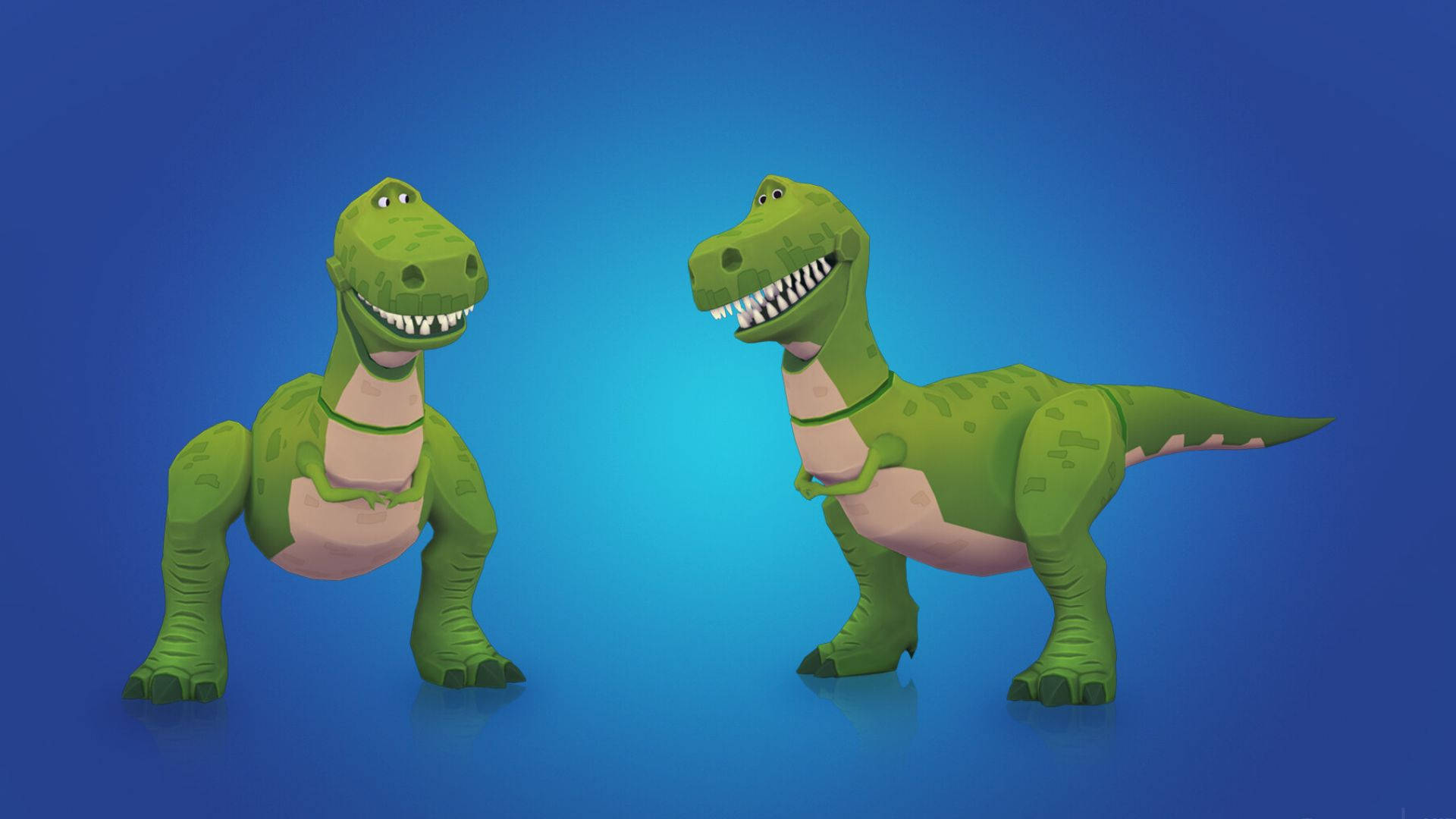 rex 桌布 壁紙 — 兩隻快樂的綠色卡通恐龍面對面站在漸變藍色背景前。