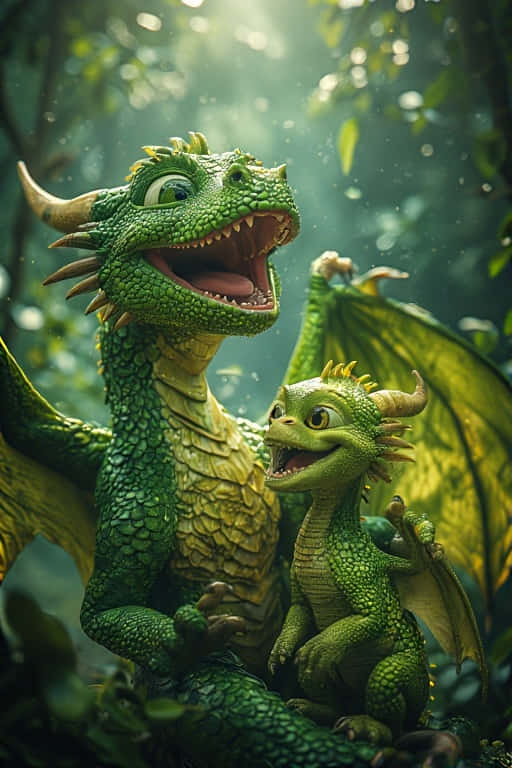 Adorable Baby Lime Dragons with Vibrant Dragon Wings 壁紙 — 兩隻快樂的綠色龍，身上有尖刺鱗片和角，一起坐在陽光明媚的森林中，翅膀張開，嘴巴張開，露出喜悅的表情。