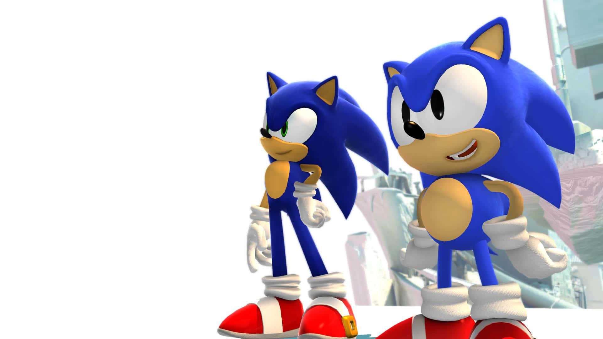 Sonic Generations 桌布 壁紙 — 兩隻快樂的藍色刺蝟穿著紅色鞋子並排站在明亮的白色背景前，身後是模糊的城市景觀。