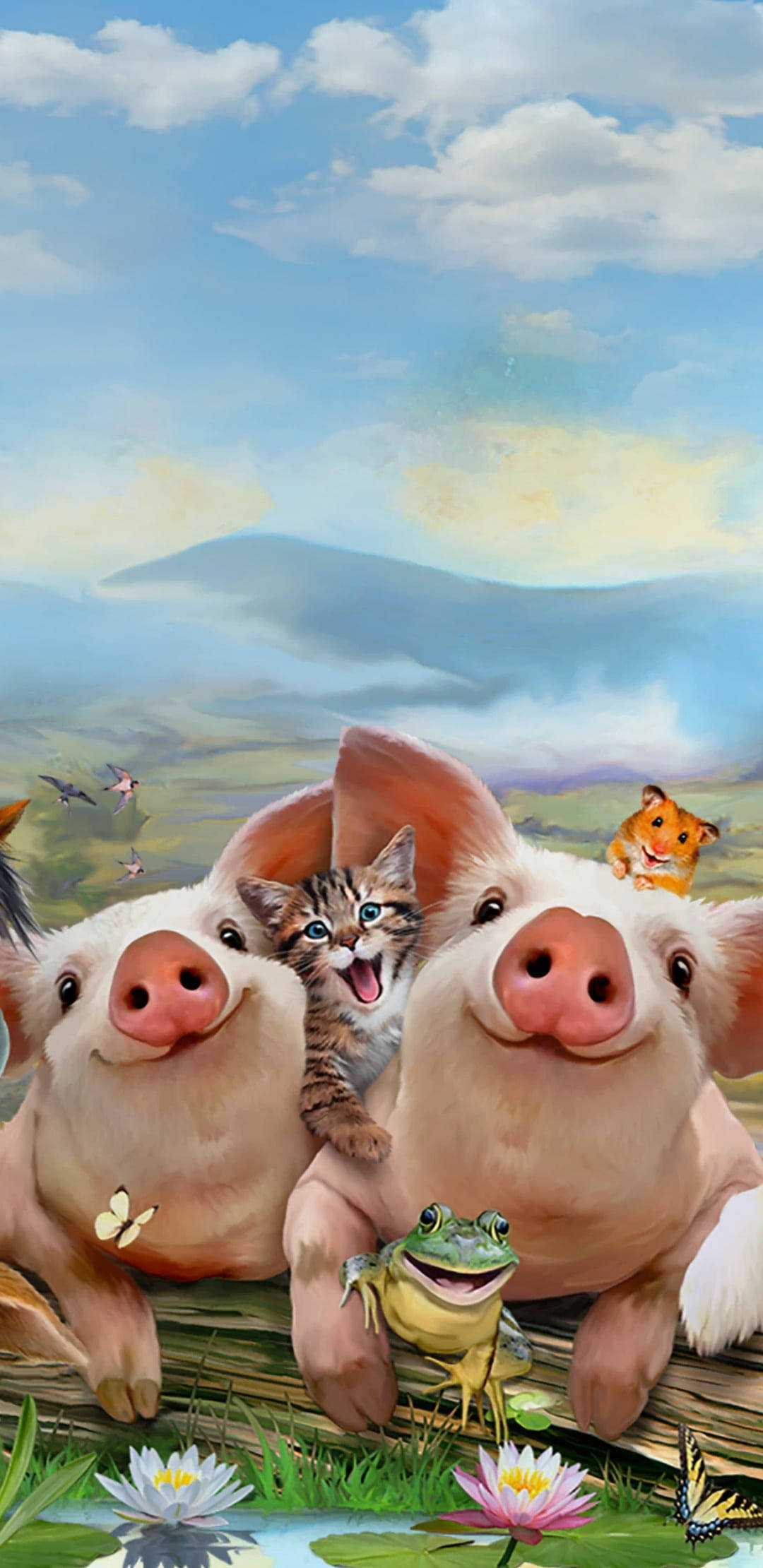 Pig 桌布 壁紙 — 兩隻快樂的豬、一隻小貓、一隻倉鼠和一隻青蛙在晴朗的天空下，愉快地聚集在一個有百合花和蝴蝶的池塘邊。