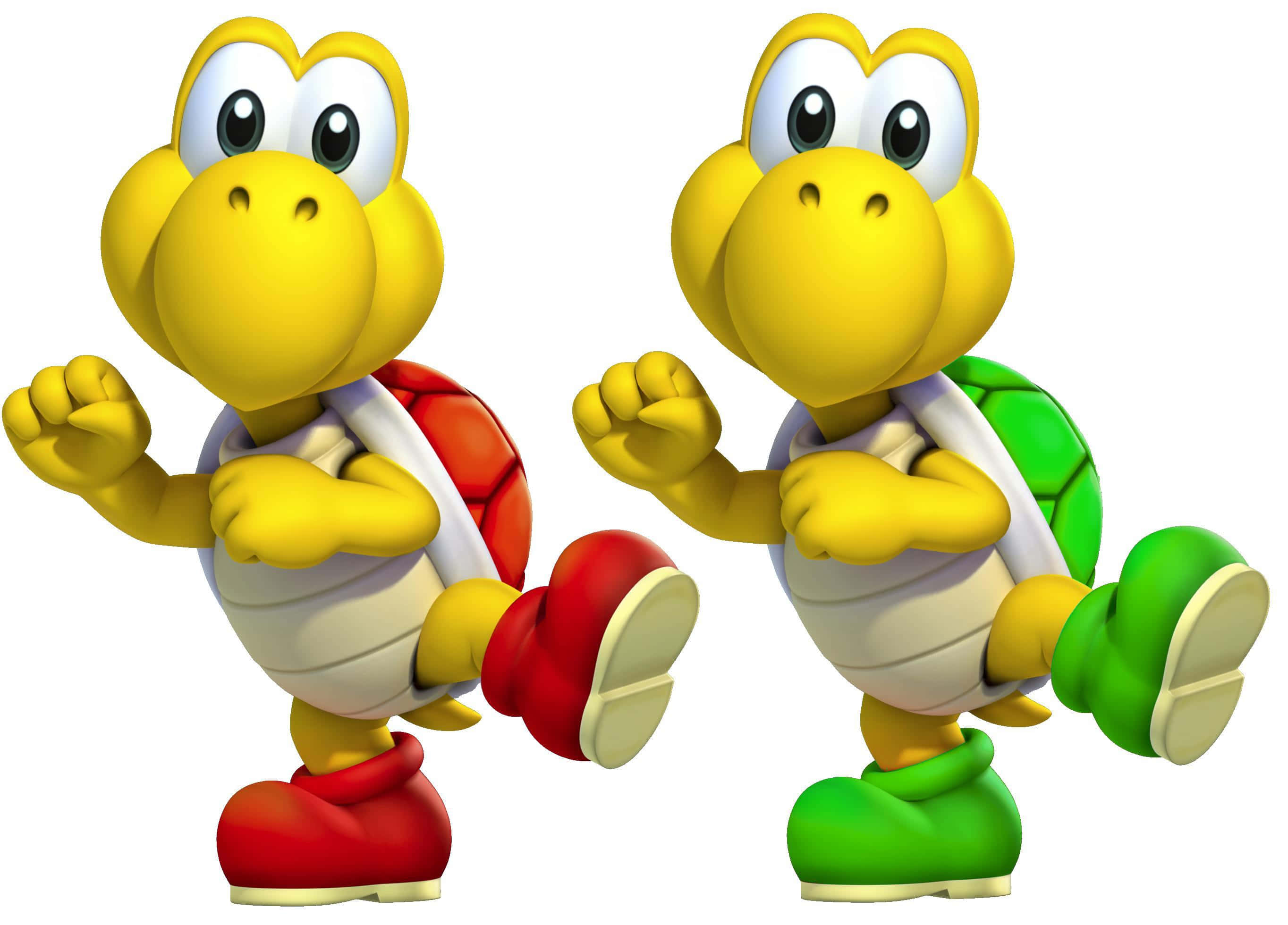Koopa Troopa 桌布 壁紙 — 兩隻快樂的黃色庫巴龜，穿著紅色和綠色的鞋子，在純白色背景前動態擺姿勢。