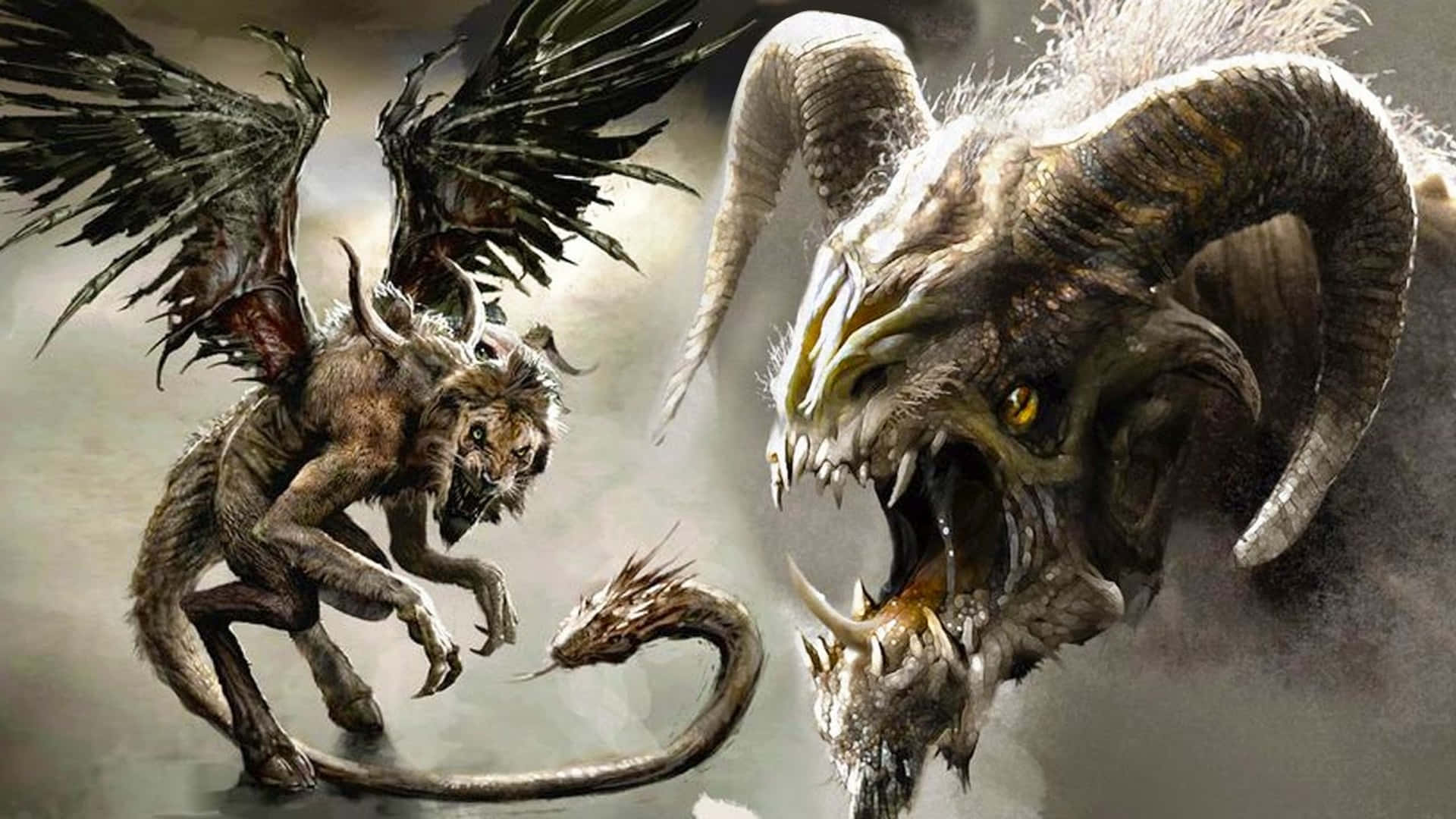 Myths 桌布 壁紙 — 兩隻怪物般的神話野獸在暴風雨般的灰色背景下，以翅膀、爪子和角進行戲劇性的奇幻戰鬥。