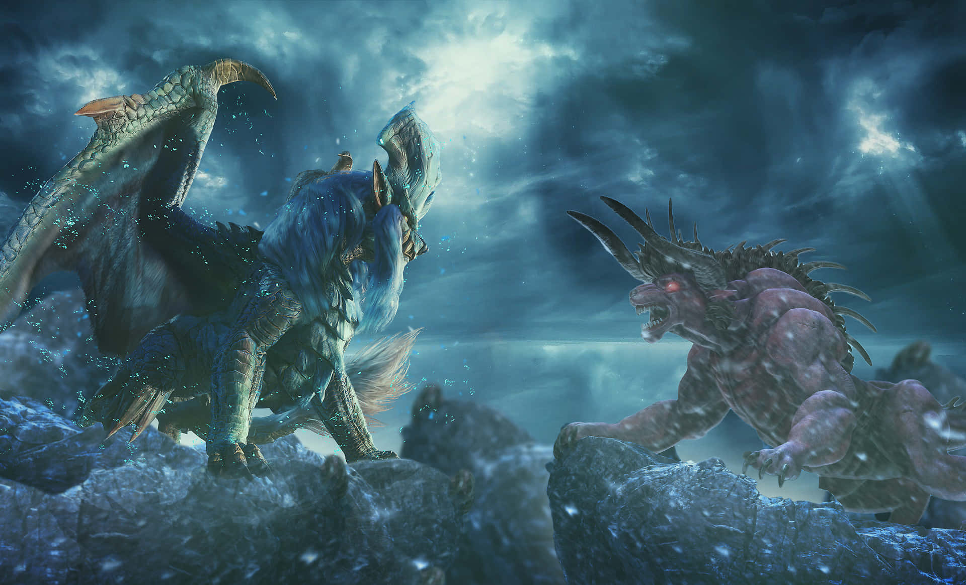 Monster Hunter Monsters 桌布 壁紙 — 兩隻怪獸在冰崖上激戰，背景是風暴籠罩的月光天空，閃爍的眼睛和飛揚的碎片。