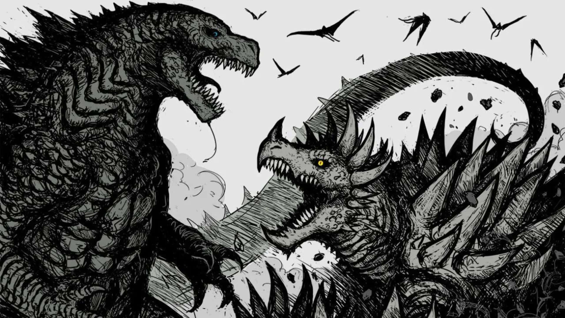 Godzilla Vs Anguirus 桌布 壁紙 — 兩隻怪獸在戲劇性的黑白插圖中碰撞，蝙蝠在頭頂飛翔。