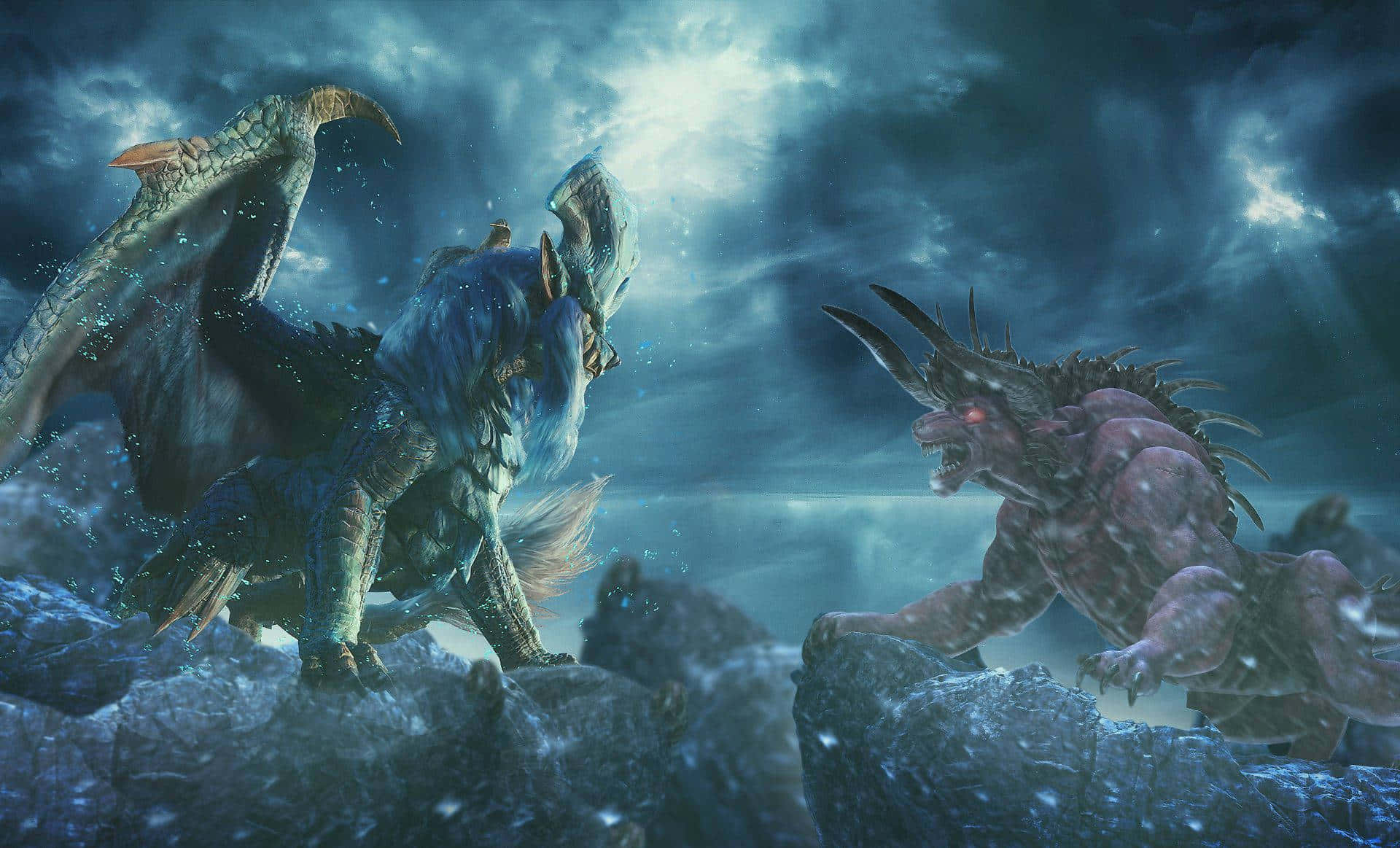 魔物獵人 世界 桌布 壁紙 — 兩隻怪獸在月光下的暴風雪天空中，於冰崖上衝突，眼睛發光，雪花飄落。