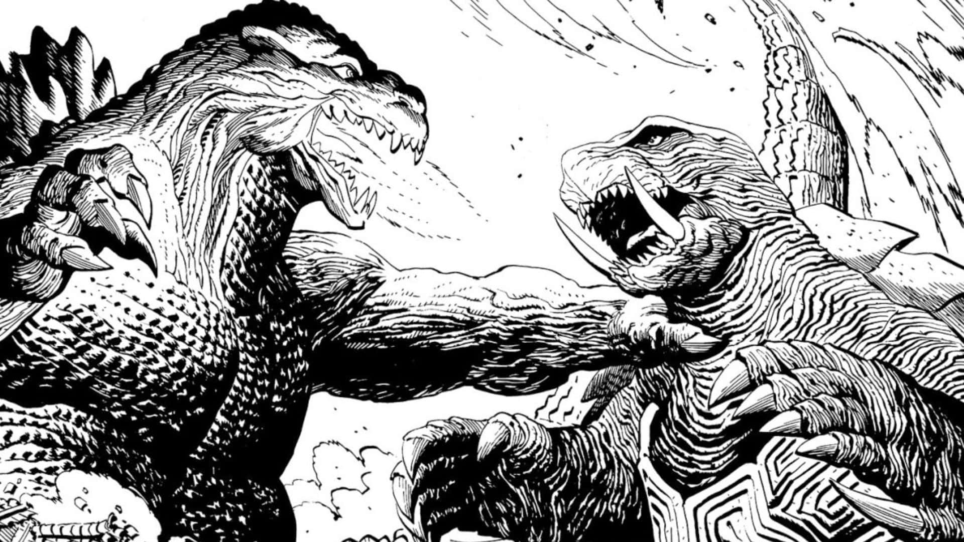 Godzilla Vs Gamera 桌布 壁紙 — 兩隻怪獸級卡伊獸在動態黑白插圖中激烈碰撞，線條精細，表情誇張。