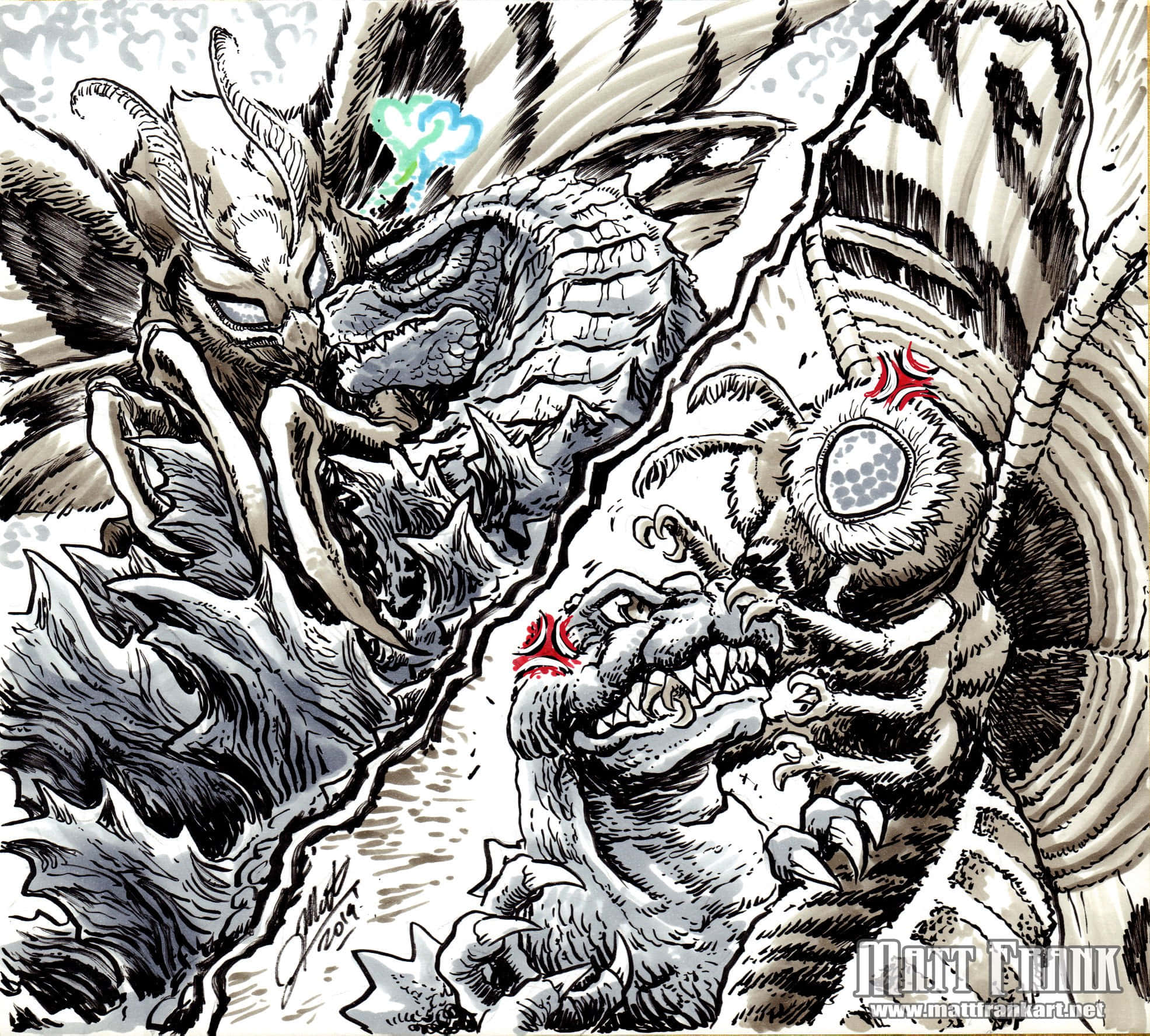 Godzilla Vs Mothra 桌布 壁紙 — 兩隻怪獸級巨獸在動態黑白墨水畫中激烈碰撞，線條大膽，陰影戲劇化。