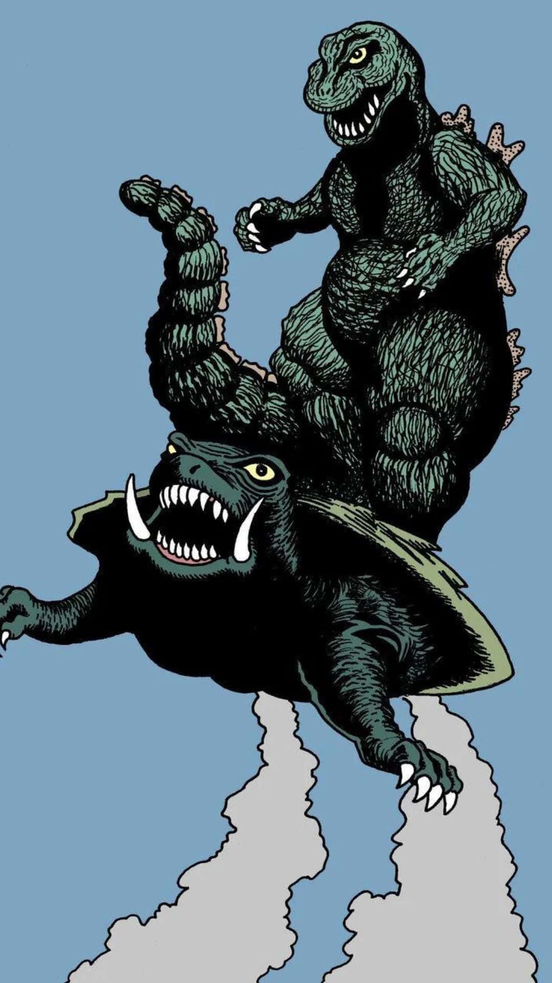 Godzilla Vs Gamera 桌布 壁紙 — 兩隻怪獸級巨獸在淡藍色天空中張牙舞爪地空中搏鬥。