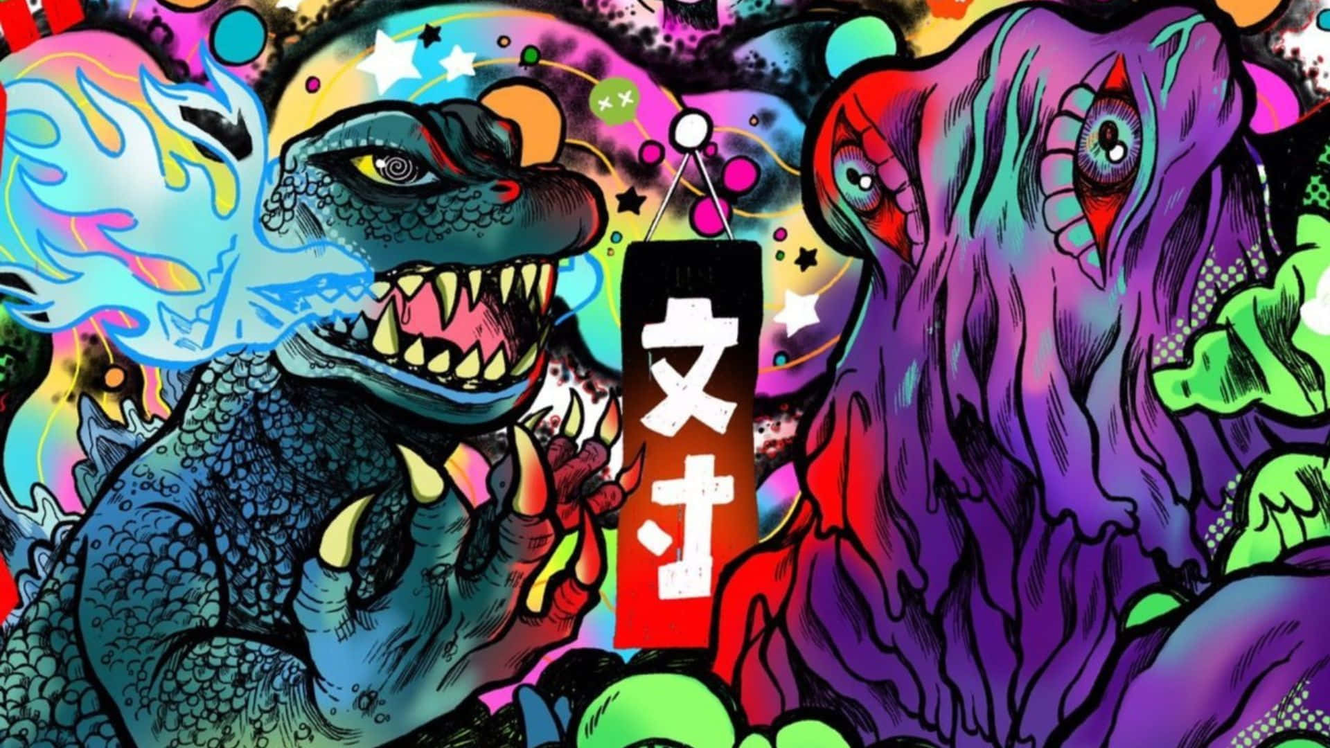 Godzilla Vs Hedorah 桌布 壁紙 — 兩隻怪獸般的動畫生物在充滿霓虹色彩和漂浮星星的鮮豔混亂戰鬥場景中碰撞。