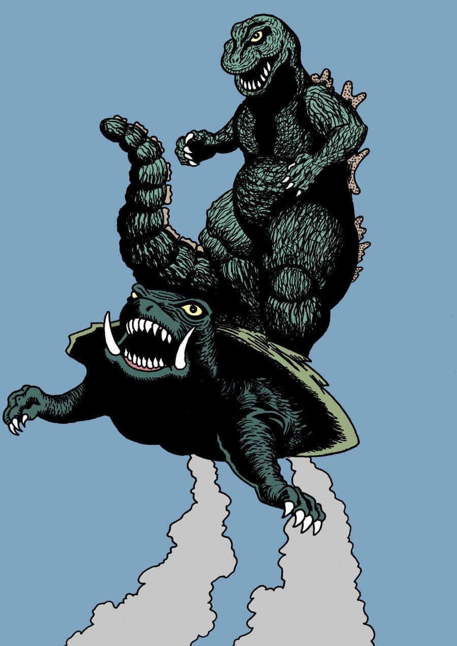 Gamera 桌布 壁紙 — 兩隻怪獸般的爬蟲類生物在淡藍色天空下於半空中碰撞，下方有灰色煙霧痕跡。