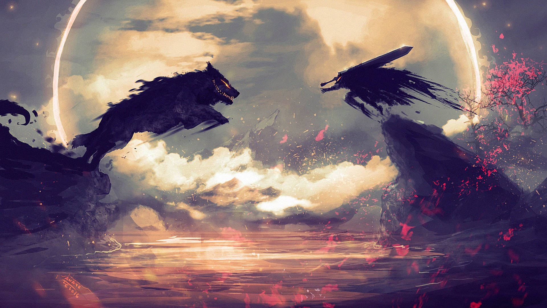 Berserk Guts 桌布 壁紙 — 兩隻怪獸般的狼形生物從懸崖上躍起，互相朝向對方，背景是發光的環狀天空，飄落著紅色花瓣。