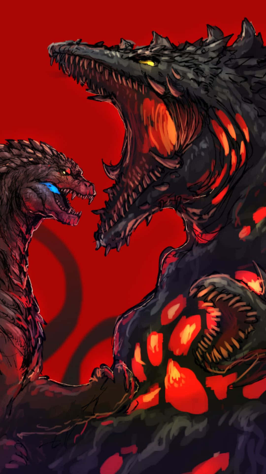 Godzilla Vs Biollante 桌布 壁紙 — 兩隻怪獸般的龍，眼睛發光，鱗片下有火焰，在鮮紅色的背景上激烈衝突。