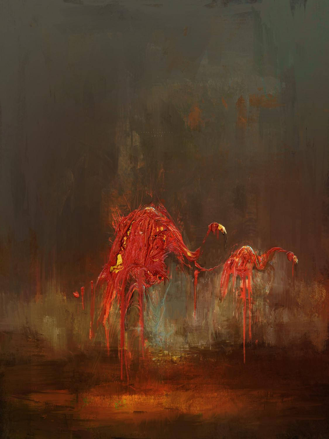 Layers 桌布 壁紙 — 兩隻怪誕的紅色生物，四肢滴落，站在黑暗煙霧繚繞的環境中，在昏暗的橙色燈光下。