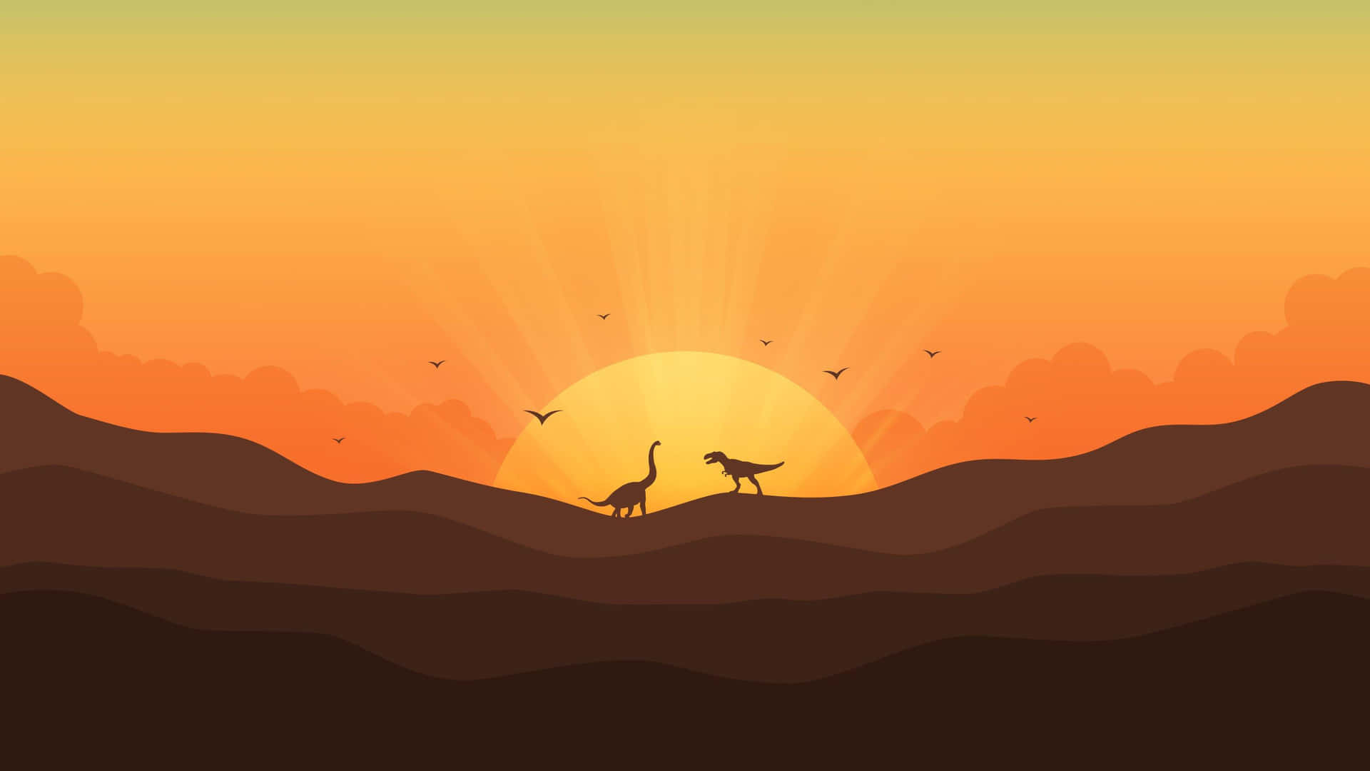  壁紙 — 兩隻恐龍的剪影站在起伏的山丘上，一輪燦爛的夕陽在它們身後落下，在天空中投射出溫暖的橙色和黃色色調。