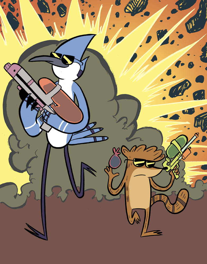mordecai and rigby 桌布 壁紙 — 兩隻戴太陽眼鏡的卡通動物在岩石和煙霧的猛烈爆炸中揮舞著未來風格的槍支。
