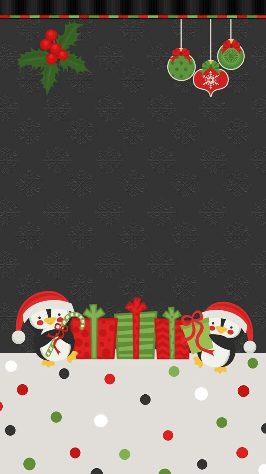 企鵝 桌布 壁紙 — 兩隻戴紅帽的卡通企鵝在深灰色雪花背景上，越過色彩繽紛的禮物窺視，背景有懸掛的裝飾品和冬青。