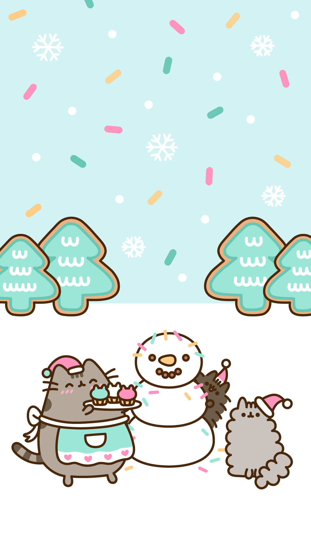 Kawaii iPhone 桌布 壁紙 — 兩隻戴聖誕帽的Pusheen貓咪與雪人及彩色糖粒在粉彩冬日天空下慶祝。