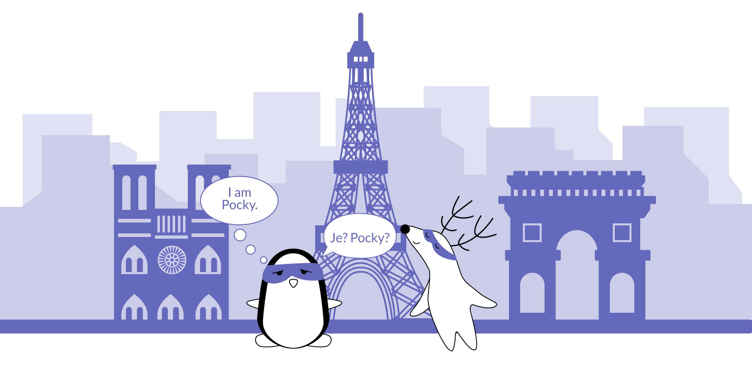 french 桌布 壁紙 — 兩隻戴著口罩的卡通企鵝在紫色的巴黎天際線前交談，天際線包括艾菲爾鐵塔和凱旋門。