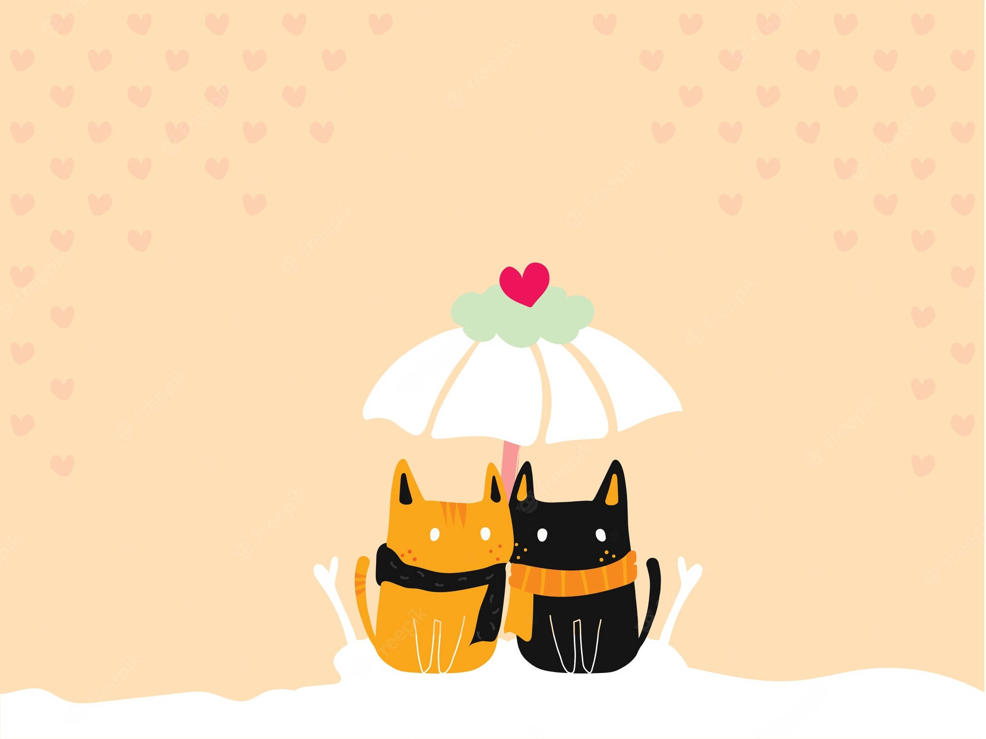 love computer 桌布 壁紙 — 兩隻戴著圍巾的可愛貓咪共用一把白色雨傘，傘頂有紅色心形裝飾，背景為帶有心形圖案的桃色背景。