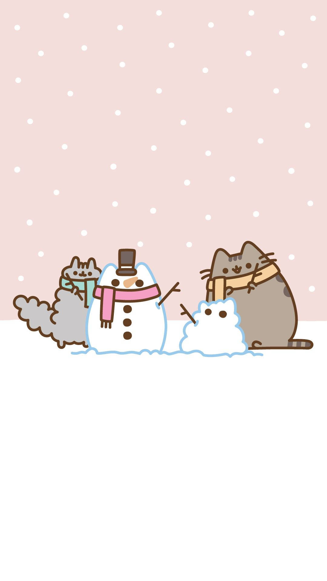 pusheen 動圖 桌布 壁紙 — 兩隻戴著圍巾的可愛貓咪在柔和的粉紅色背景下，在飄雪中頑皮地堆雪人。