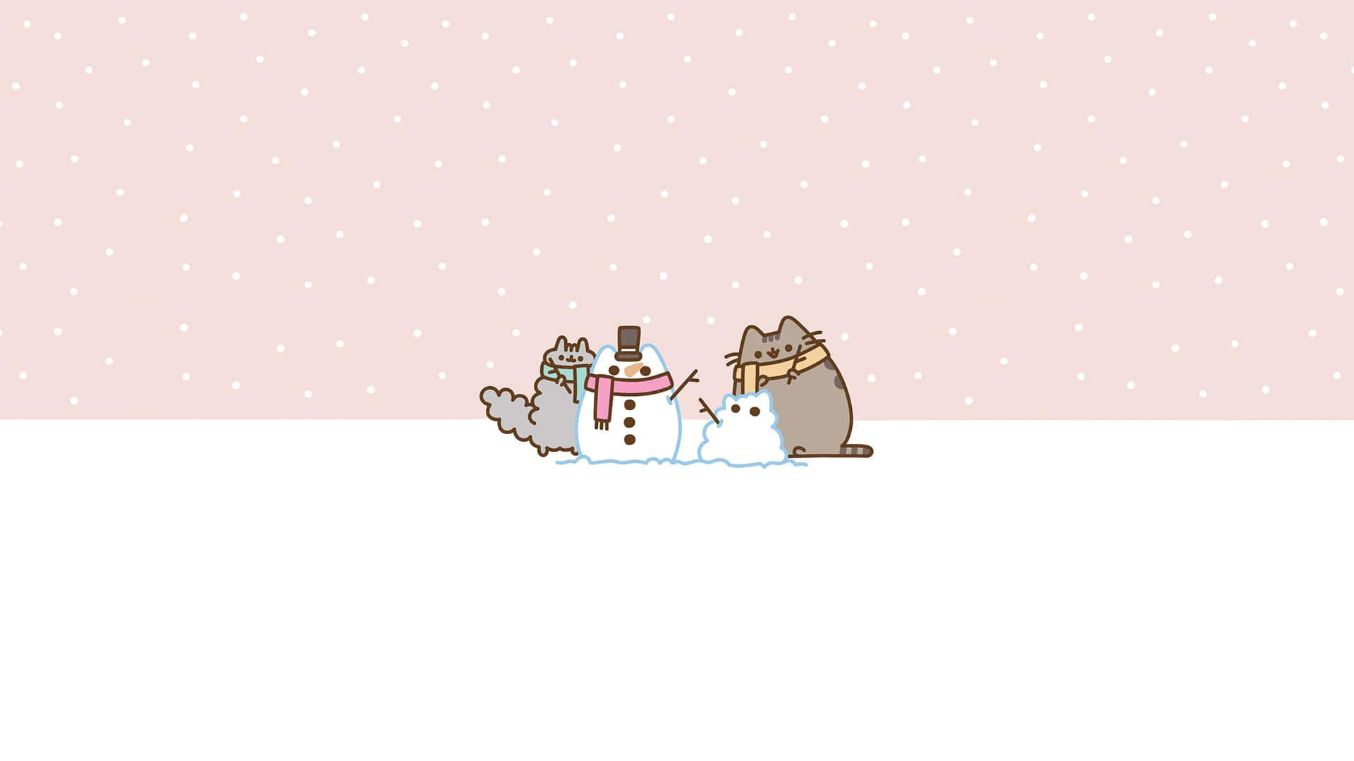 pusheen 動圖 桌布 壁紙 — 兩隻戴著圍巾的貓咪在飄雪中頑皮地堆雪人，背景是粉紅色圓點天空。