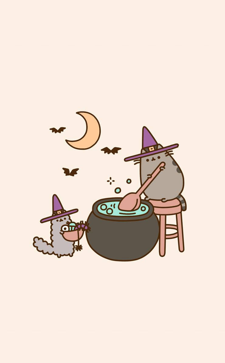 pusheen 動圖 桌布 壁紙 — 兩隻戴著巫師帽的可愛貓咪在彎月下攪拌冒泡的大鍋，蝙蝠飛過。