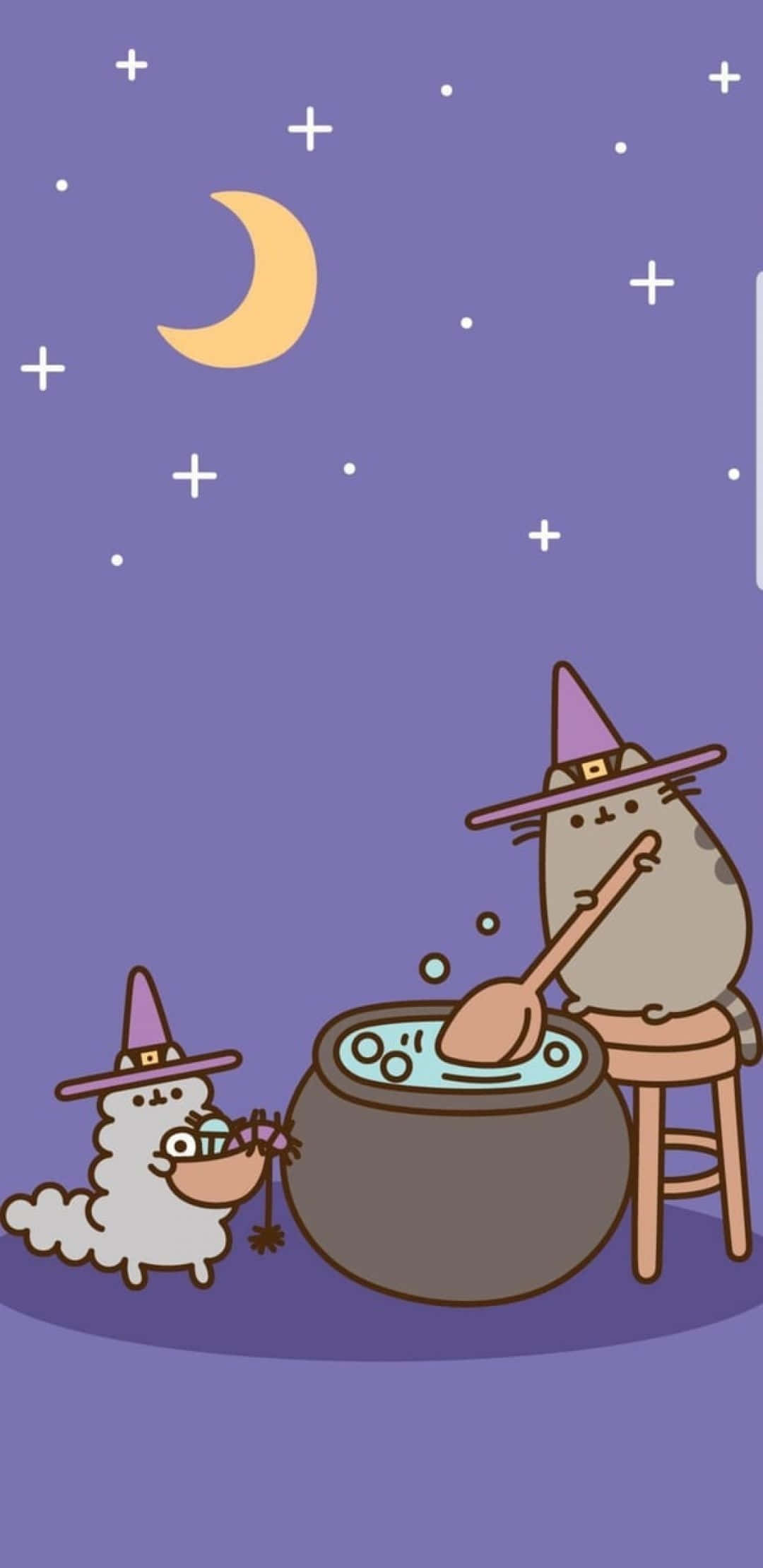 Cartoon 桌布 壁紙 — 兩隻戴著巫師帽的可愛貓咪在彎月和星星下攪拌冒泡的大鍋。