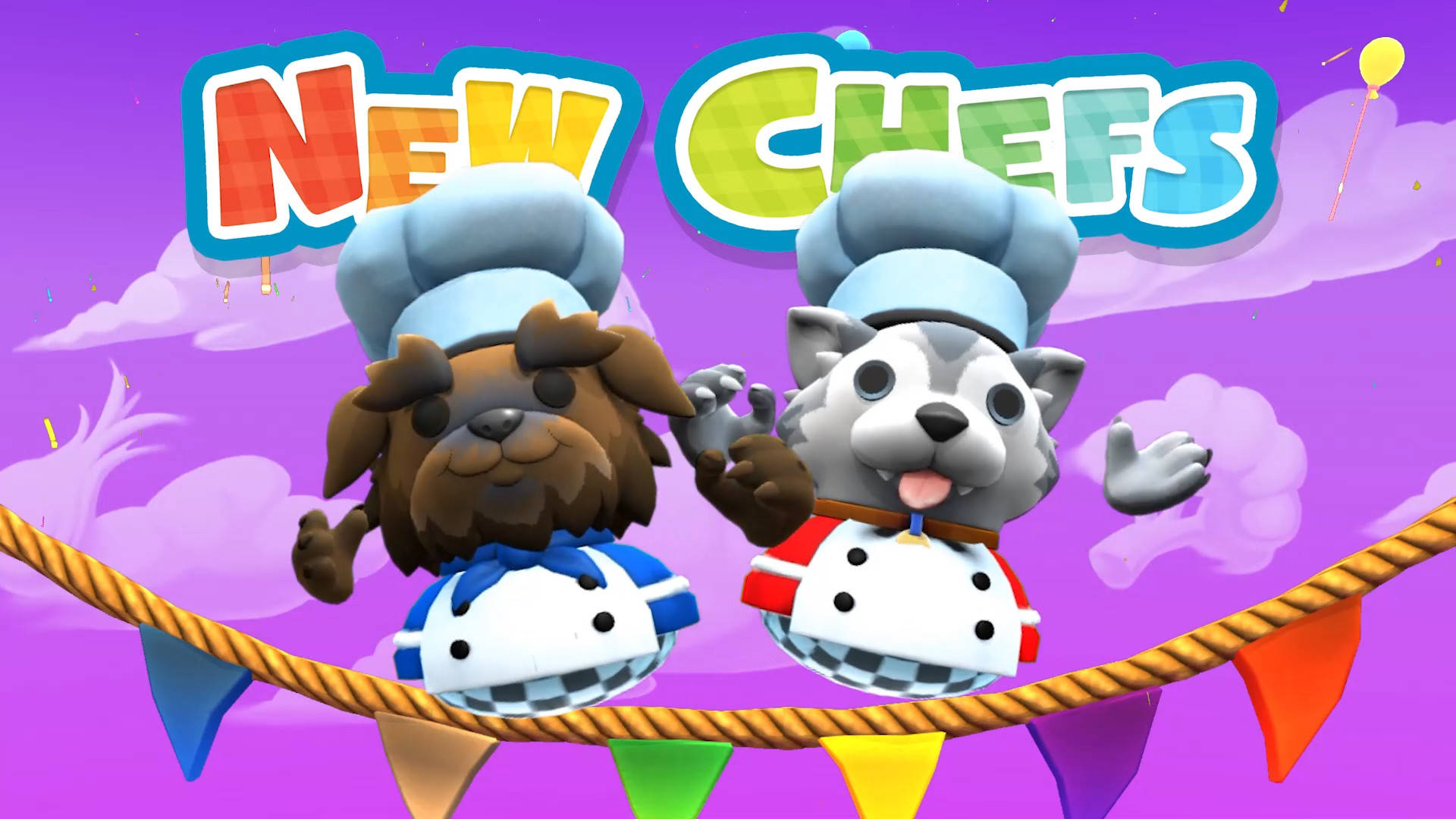 Overcooked 桌布 壁紙 — 兩隻戴著廚師帽的快樂卡通狗在紫色天空下於繩索上保持平衡，周圍有節日橫幅。