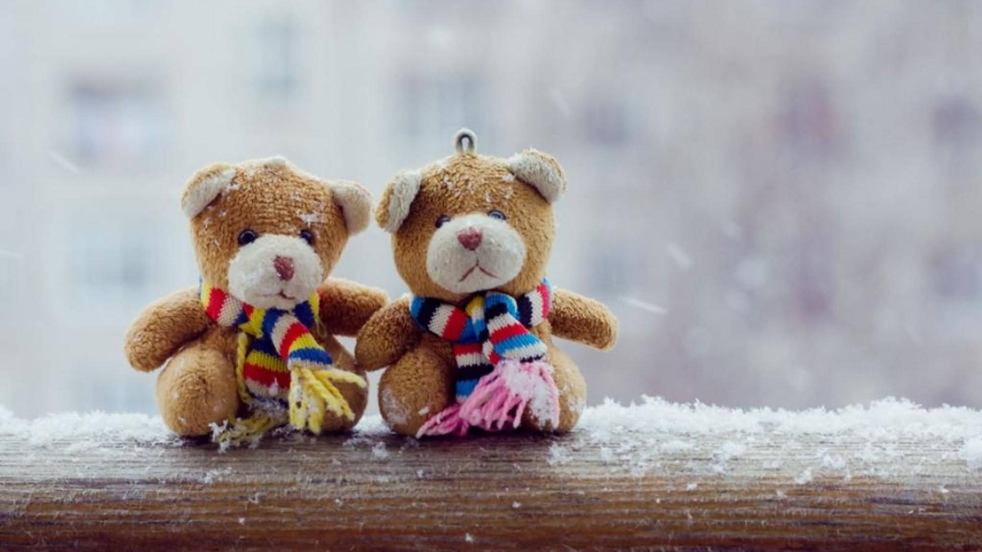 Bestie 桌布 壁紙 — 兩隻戴著彩色圍巾的小泰迪熊並排坐在積雪的窗台上，窗外雪花飄舞。