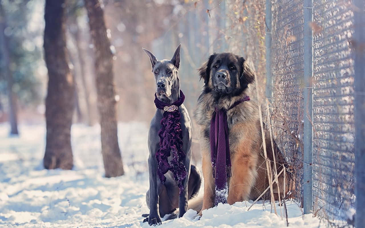 Doberman 桌布 壁紙 — 兩隻戴著紫色圍巾的威嚴狗並排坐在雪地森林中，周圍是光禿禿的樹木和柔和陽光。