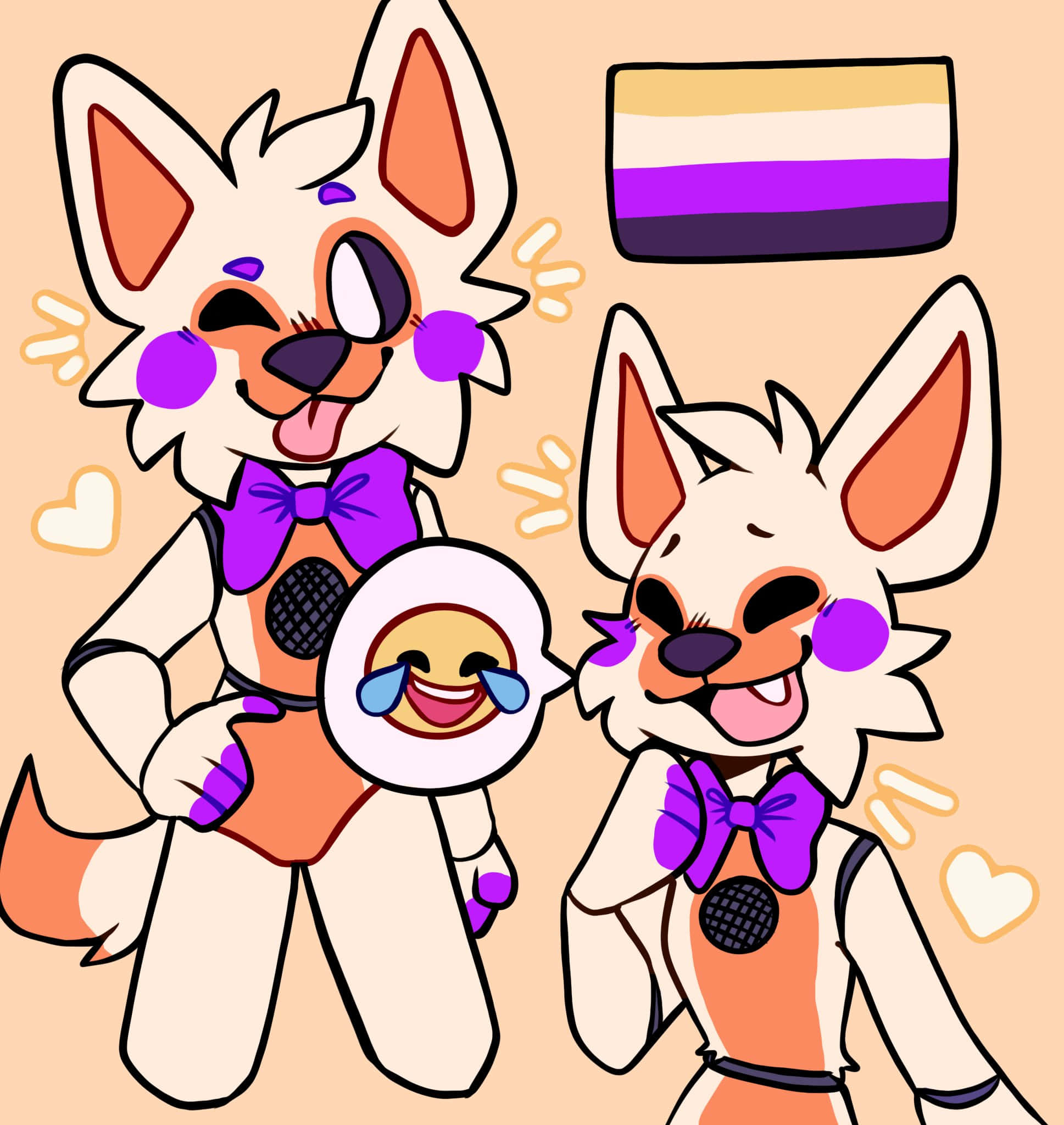 Lolbit 桌布 壁紙 — 兩隻戴著紫色蝴蝶結的快樂擬人化狐狸，開心地笑著，同時拿著一個哭泣的表情符號，一面驕傲旗幟飄浮在它們上方。