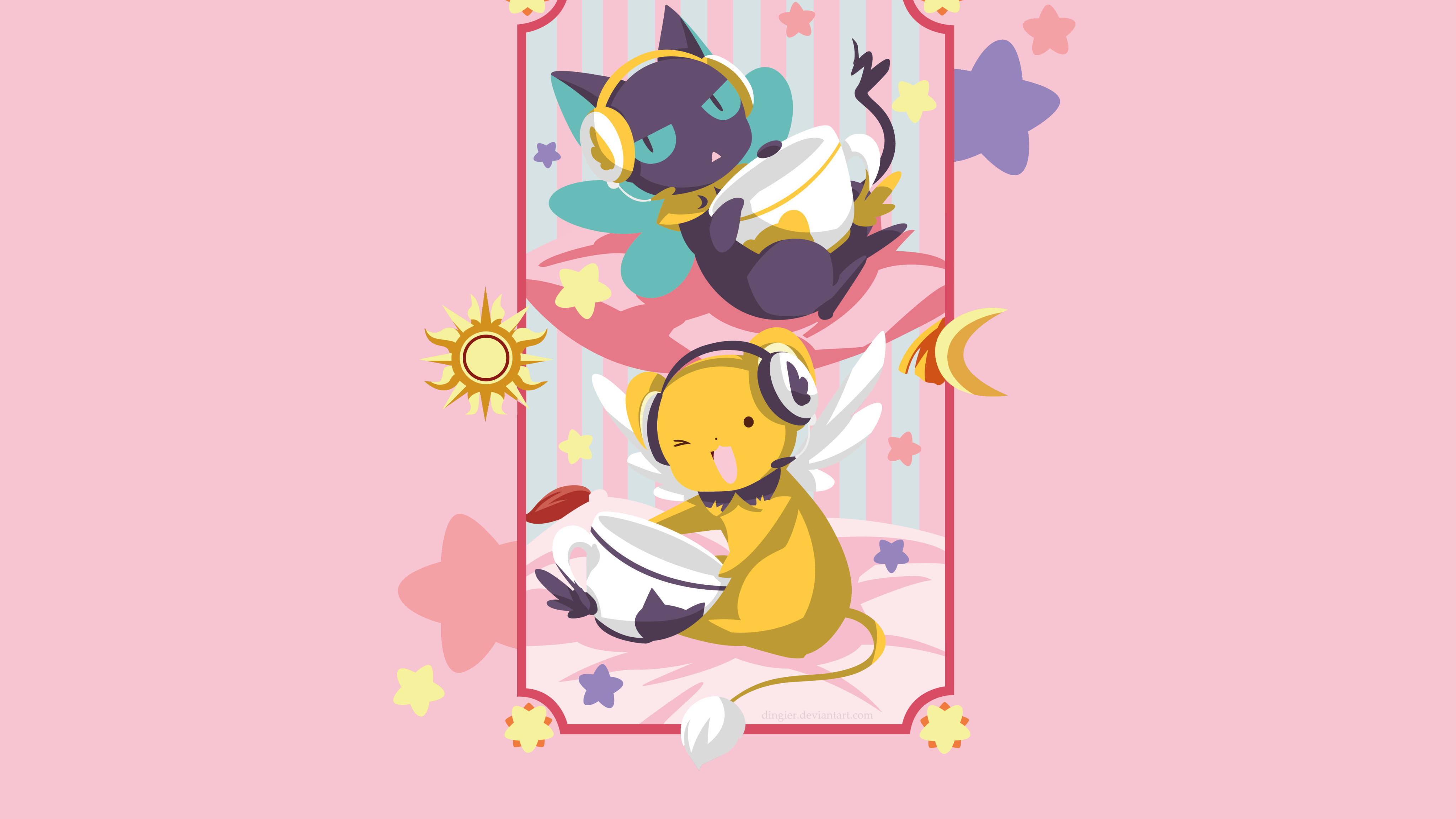 Cardcaptor 桌布 壁紙 — 兩隻戴著耳機的可愛動漫風格貓咪生物在裝飾框架內打鼓，背景是柔和的粉紅色，帶有星星和太陽圖案。