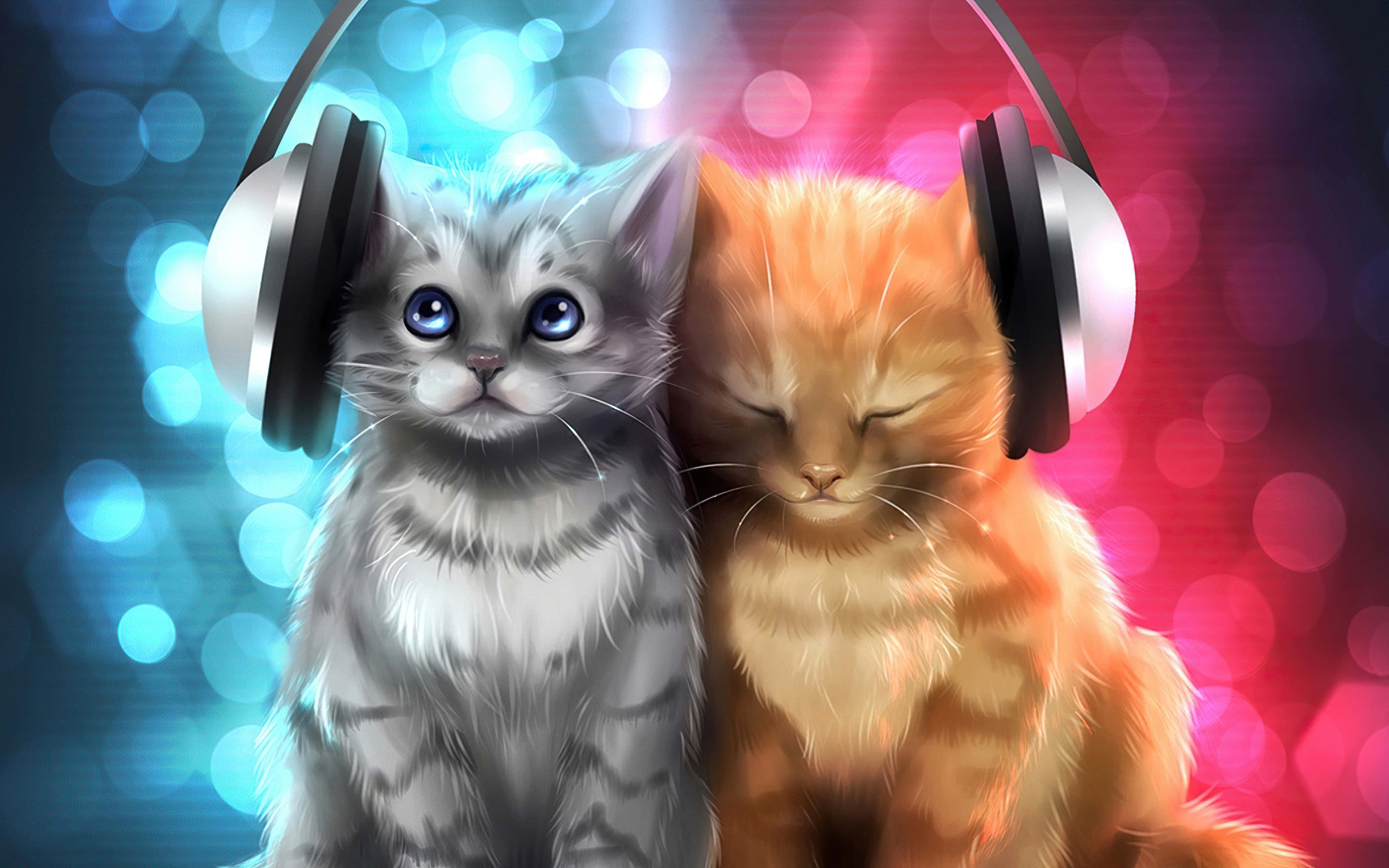 Beautiful Cats 桌布 壁紙 — 兩隻戴著耳機的小貓咪在藍色和粉紅色燈光的鮮豔散景背景下向前凝視。