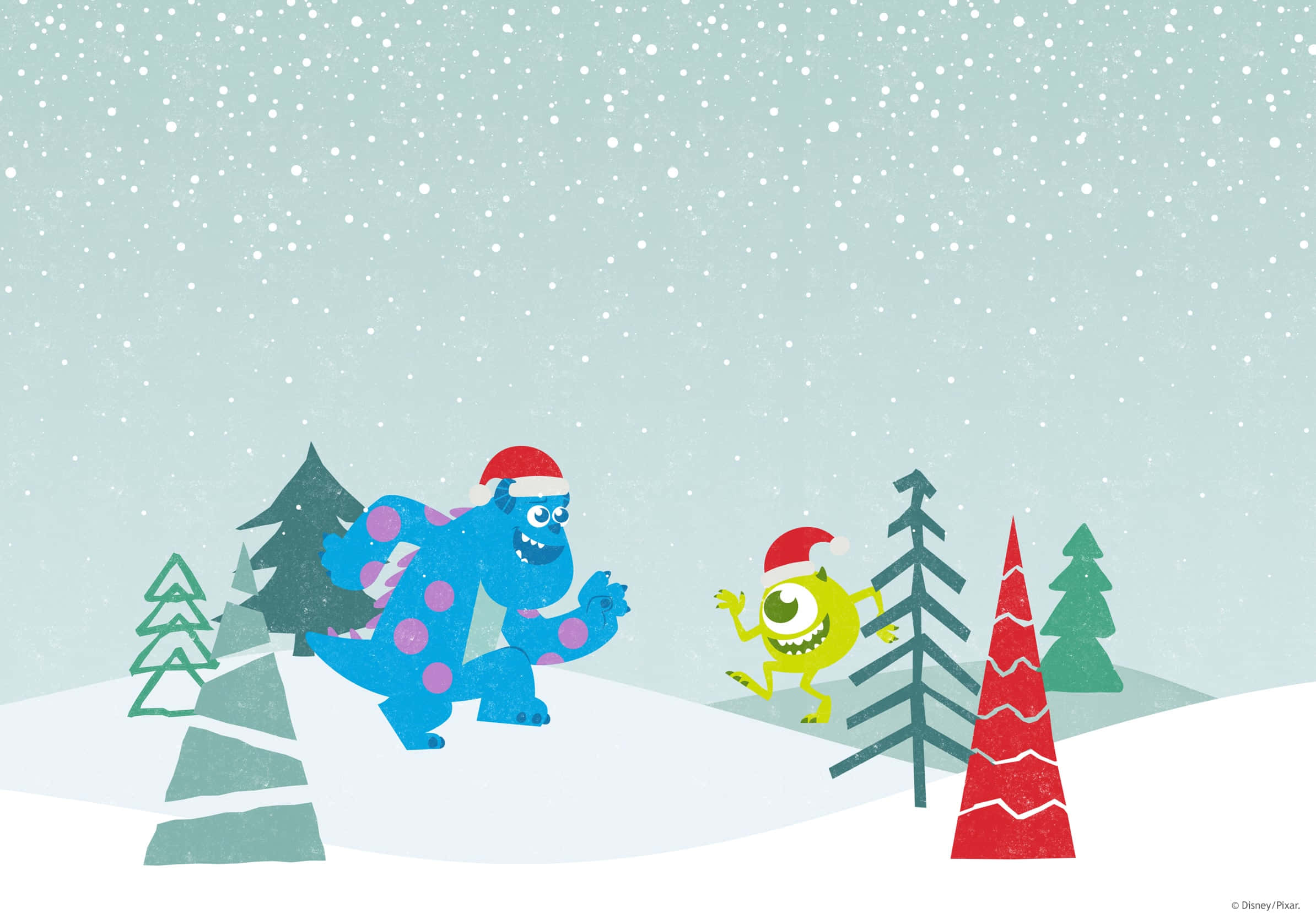 節日 桌布 壁紙 — 兩隻戴著聖誕帽的節日怪物在飄雪中歡快地跑過一個有風格化常青樹的雪地森林。