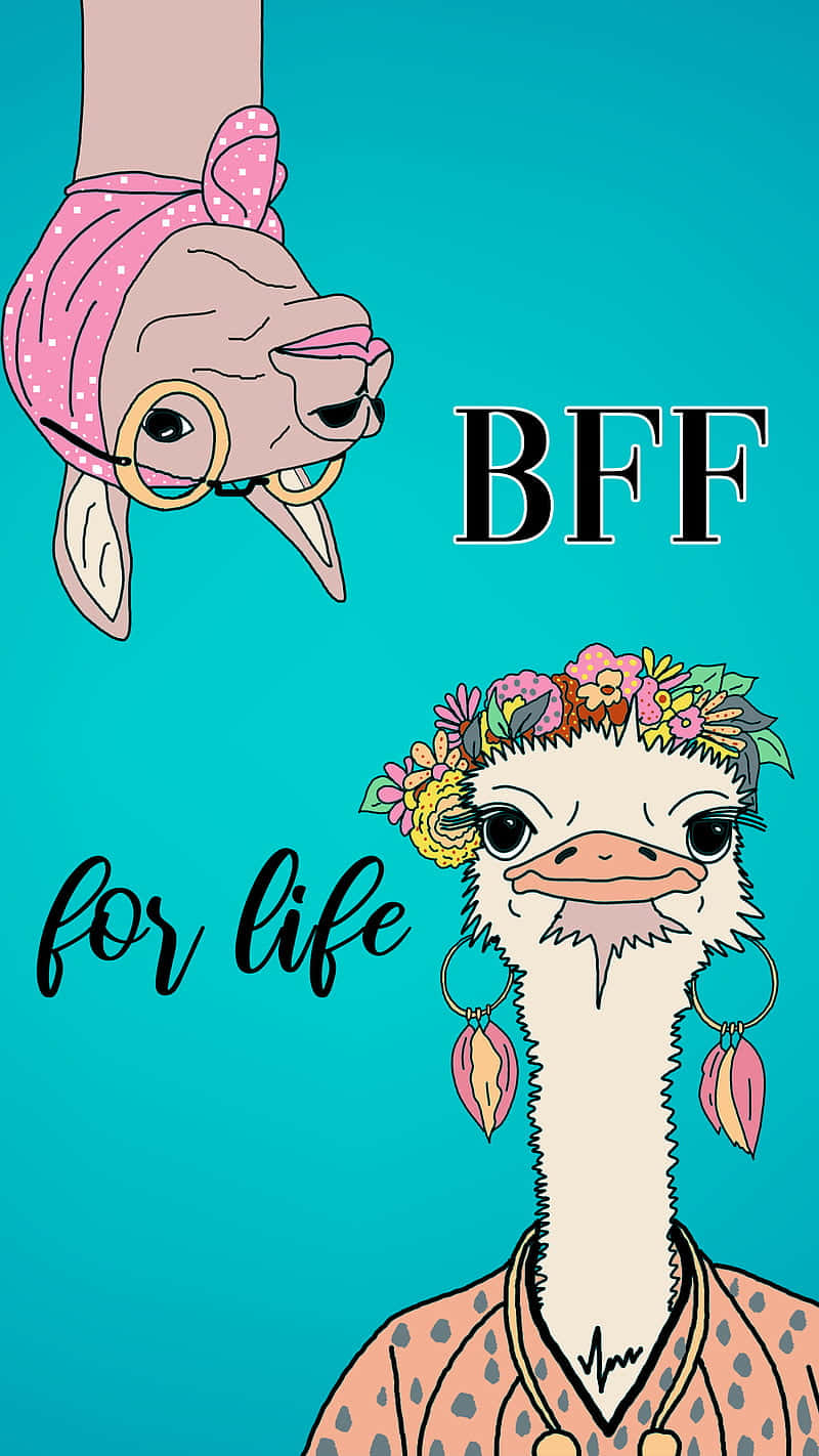兩隻戴著花冠和圓環耳環的插圖鴕鳥，帶有 BFF for life 文字。 — iPhone 14 壁紙
