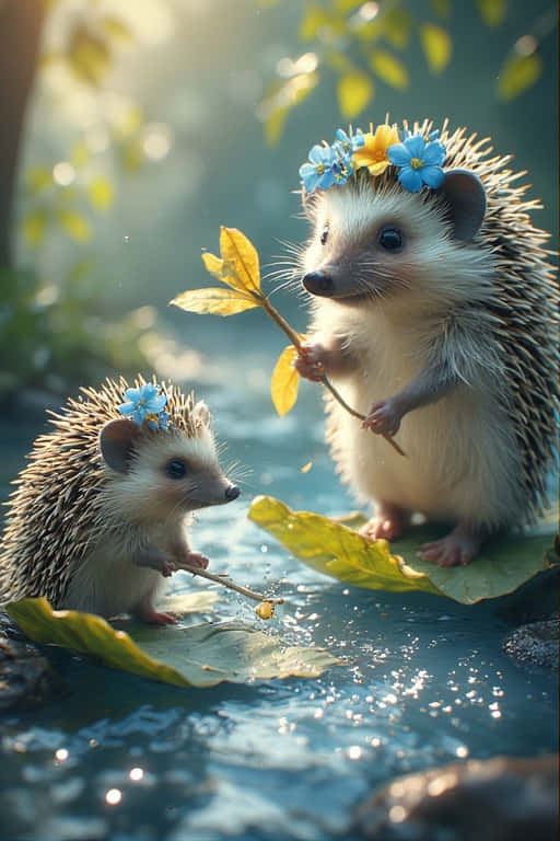 Sparkling Stream Adventures Baby Hedgehogs at Play 壁紙 — 兩隻戴著花冠的刺蝟坐在陽光照射的水中睡蓮葉上，拿著樹枝。