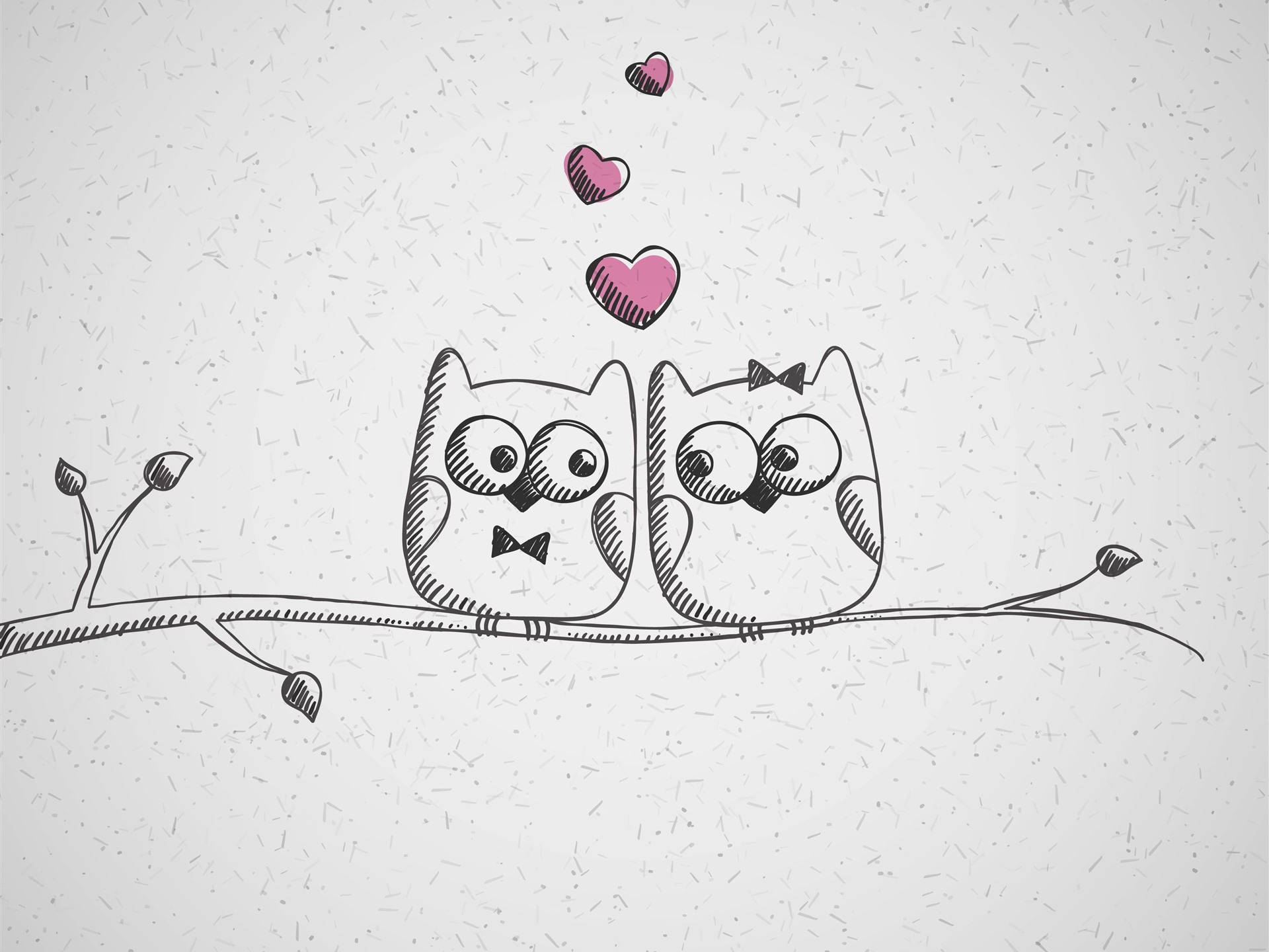Love Drawings 桌布 壁紙 — 兩隻戴著蝴蝶結的可愛卡通貓頭鷹坐在樹枝上，粉紅色的愛心在它們上方飄浮，背景是帶紋理的灰色。