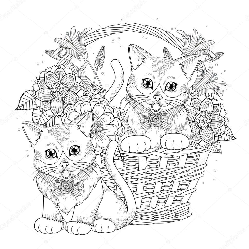basket 桌布 壁紙 — 兩隻戴著蝴蝶結的可愛小貓坐在一個編織籃旁邊，籃子裡裝滿了精緻的花朵，以黑白線條藝術風格呈現。