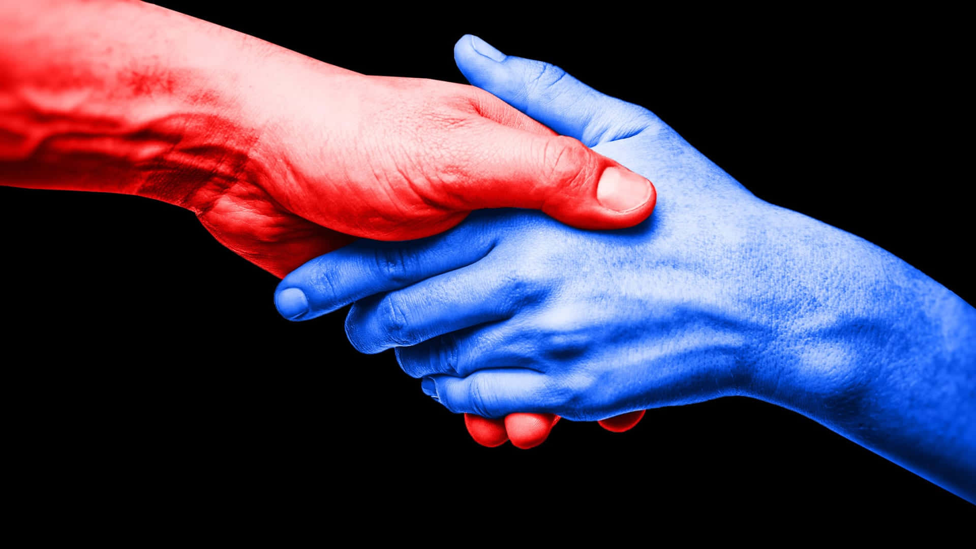 America 桌布 壁紙 — 兩隻手，一紅一藍，在黑色背景上交握，象徵團結或對比。