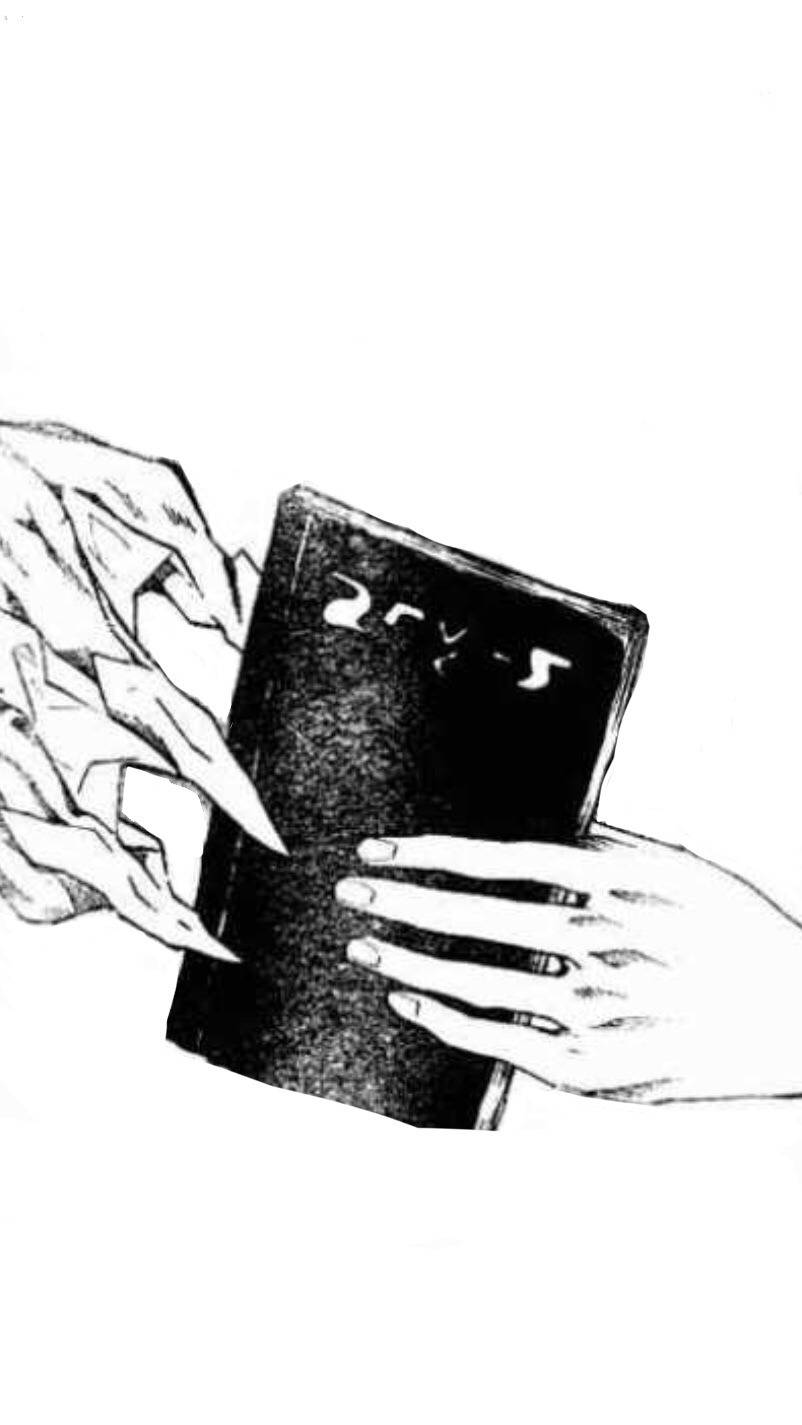 死亡筆記本 桌布 壁紙 — 兩隻手，一隻帶有鋒利爪子，抓住一本帶有發光符號的黑色書本，像在緊張的交換中。