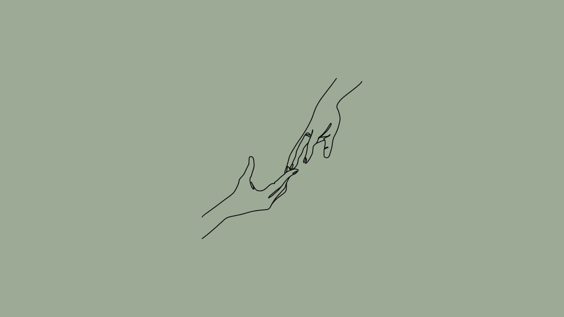 Sage Green Laptop 桌布 壁紙 — 兩隻手互相伸向對方，手指幾乎觸碰，背景為柔和的鼠尾草綠色。