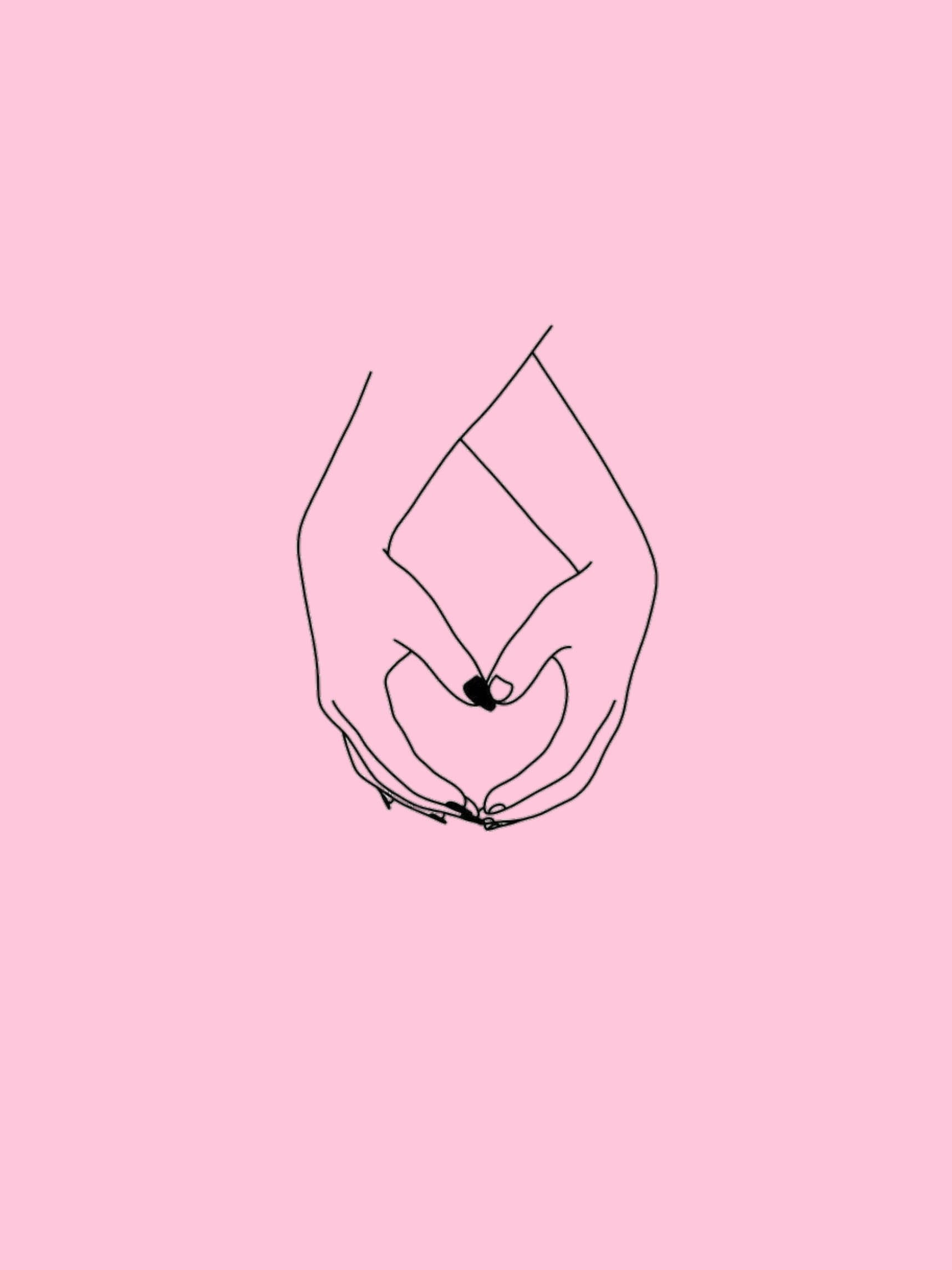 Aesthetic Heart 桌布 壁紙 — 兩隻手以極簡線條藝術捧著一個黑色小愛心，背景為柔和粉紅色。