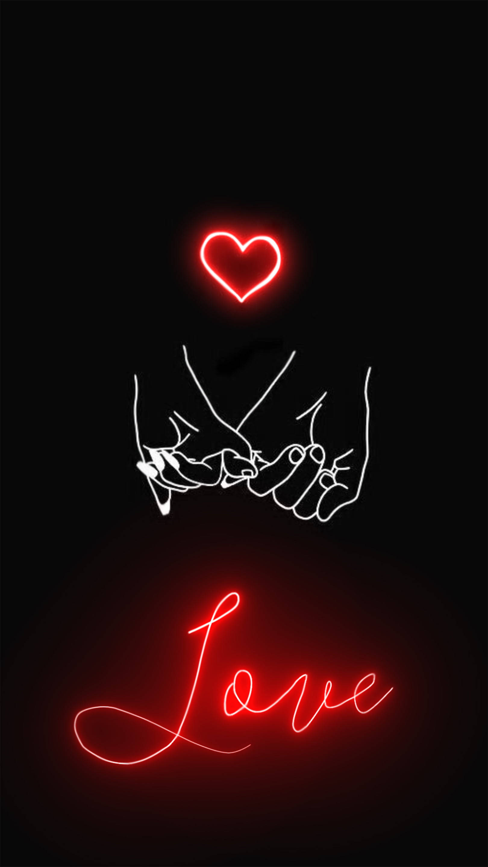 Black Heart Aesthetic 桌布 壁紙 — 兩隻手以白色線條藝術交握，在黑色背景上發光，下方有一個紅色霓虹心形和love字樣。