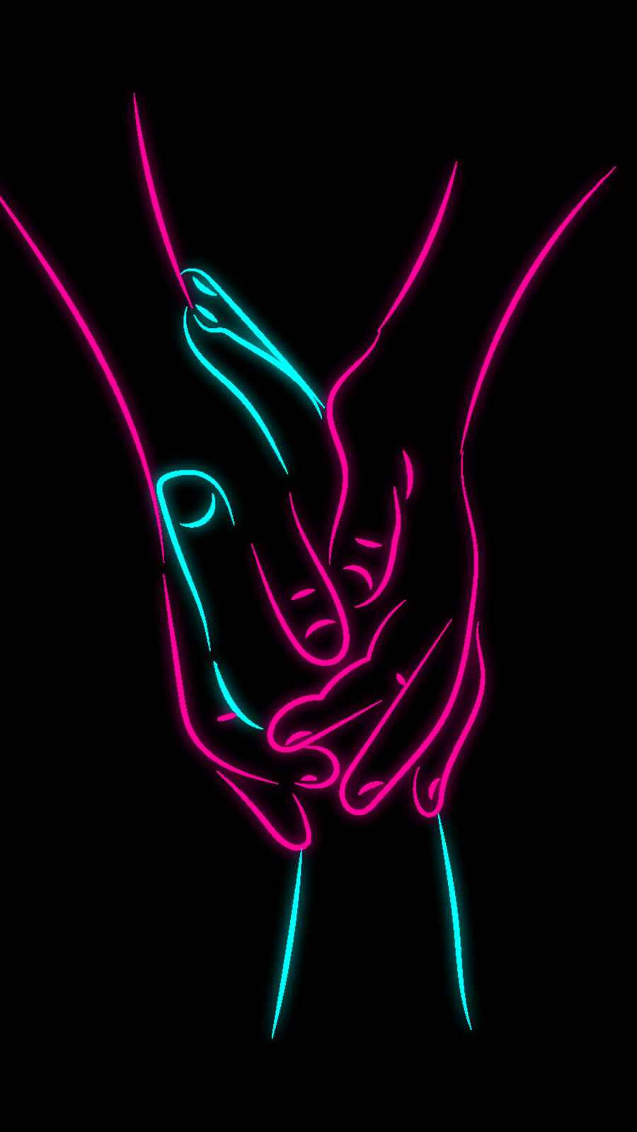 hand 桌布 壁紙 — 兩隻手以螢光粉紅和青色輪廓緊握，在漆黑背景中發光。