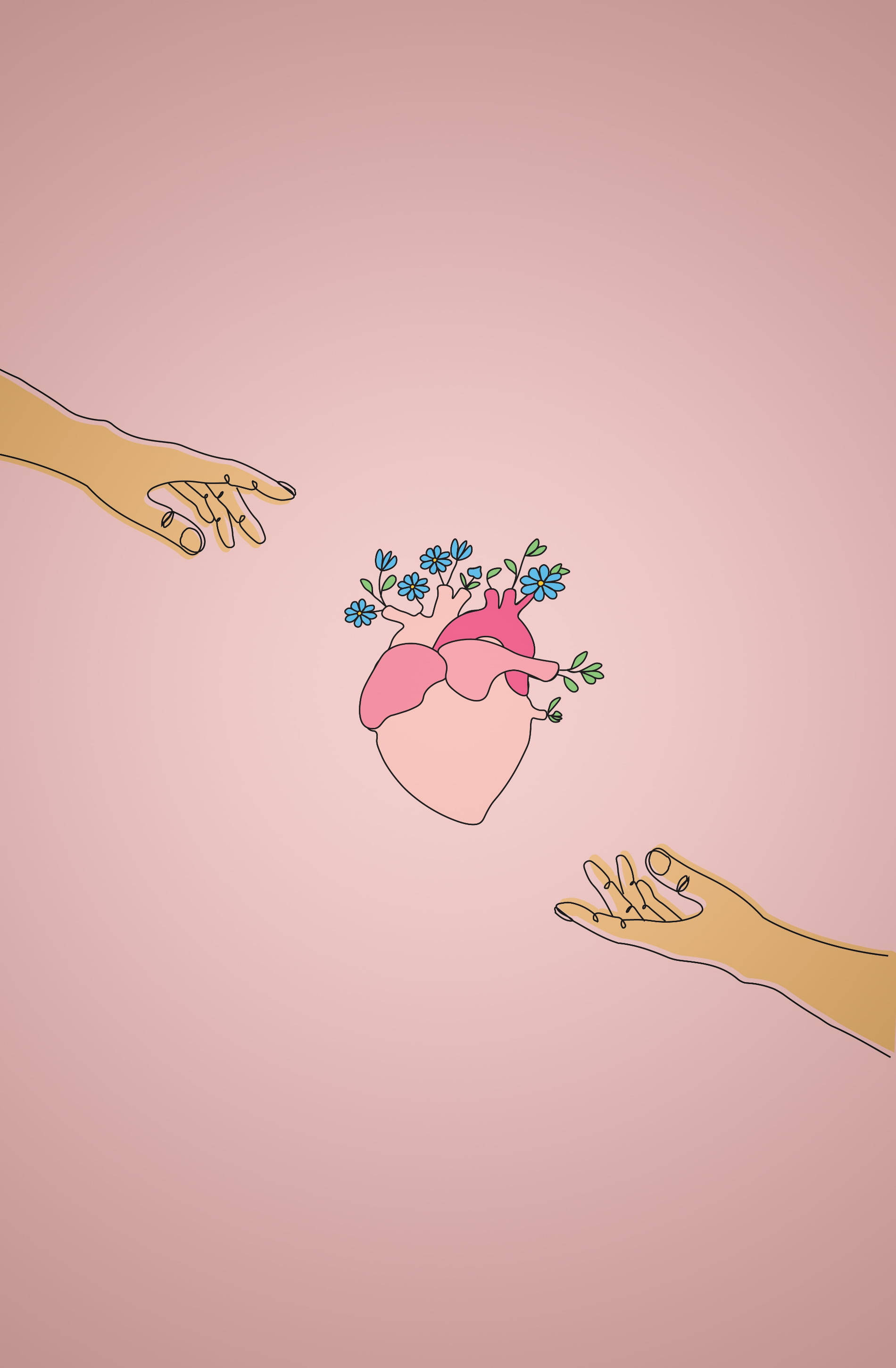 Aesthetic Drawings 桌布 壁紙 — 兩隻手伸向一個在柔和粉紅色背景上長出藍色花朵的粉紅色心形。