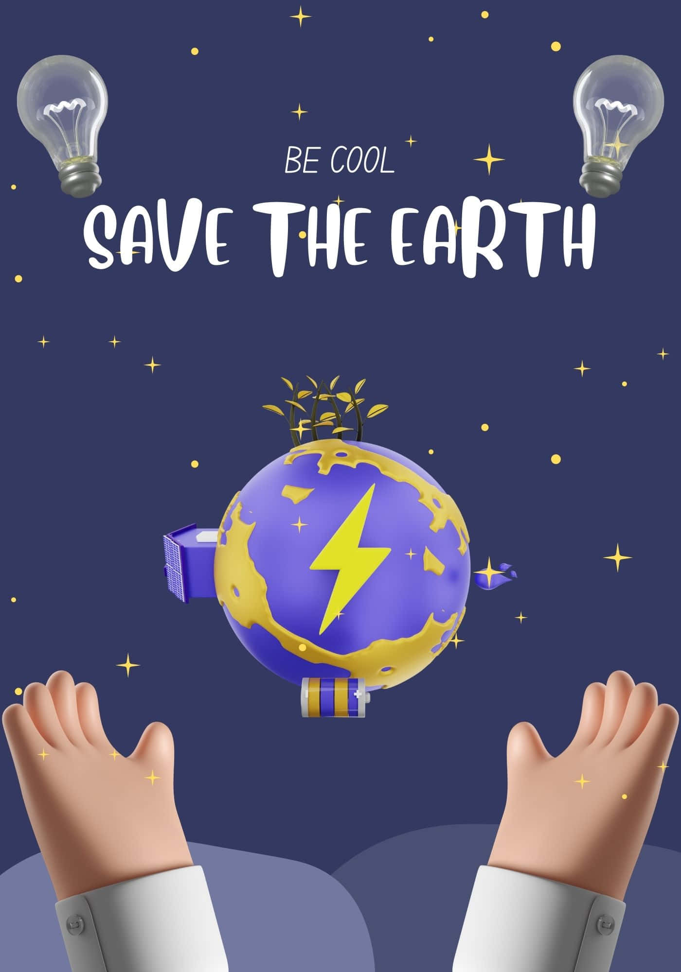 Earth Day 桌布 壁紙 — 兩隻手伸向一個發光的紫色地球，帶有黃色閃電和發芽的植物，周圍環繞著星星和燈泡。
